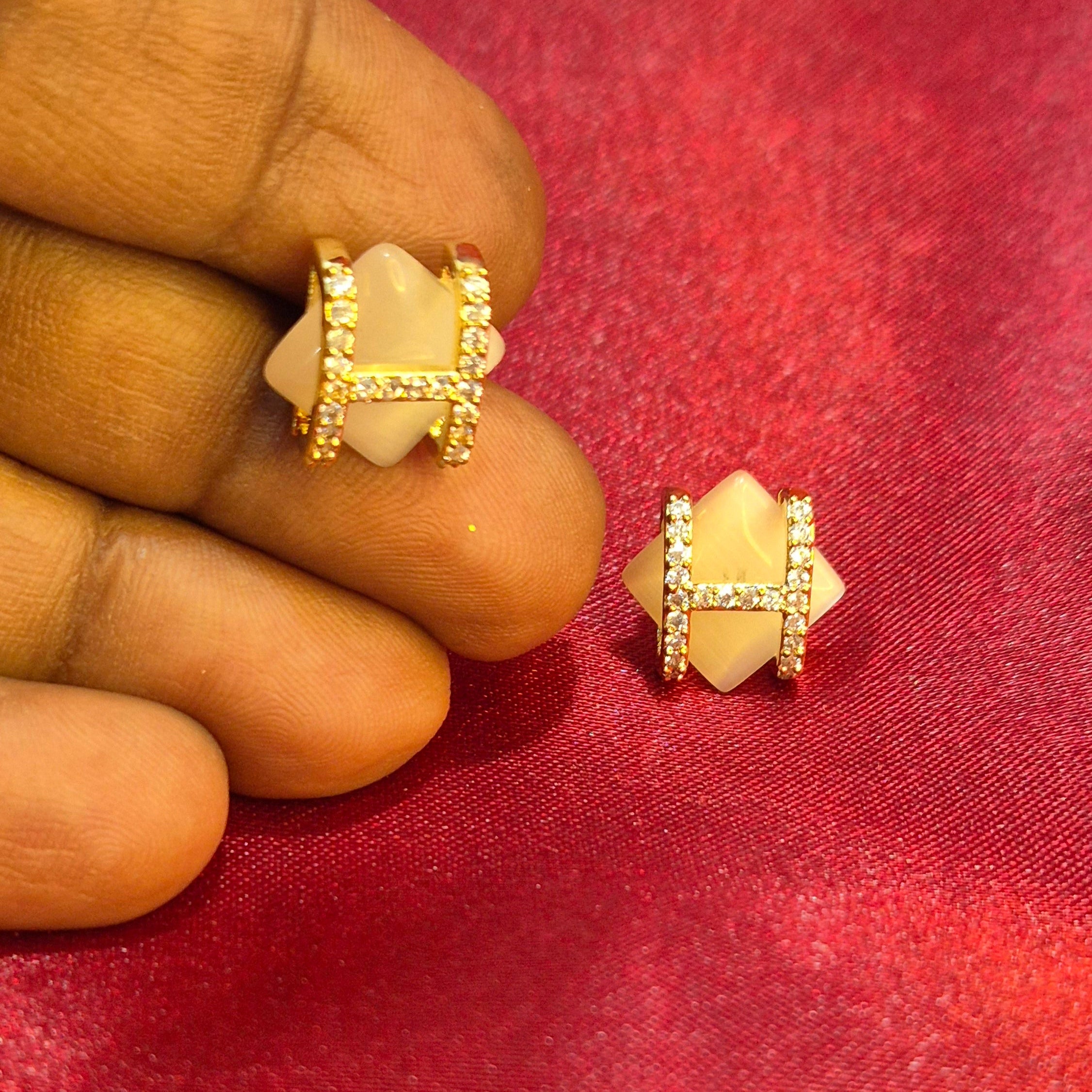 Stone Cube Stud Earrings with Crystal Accent Bands