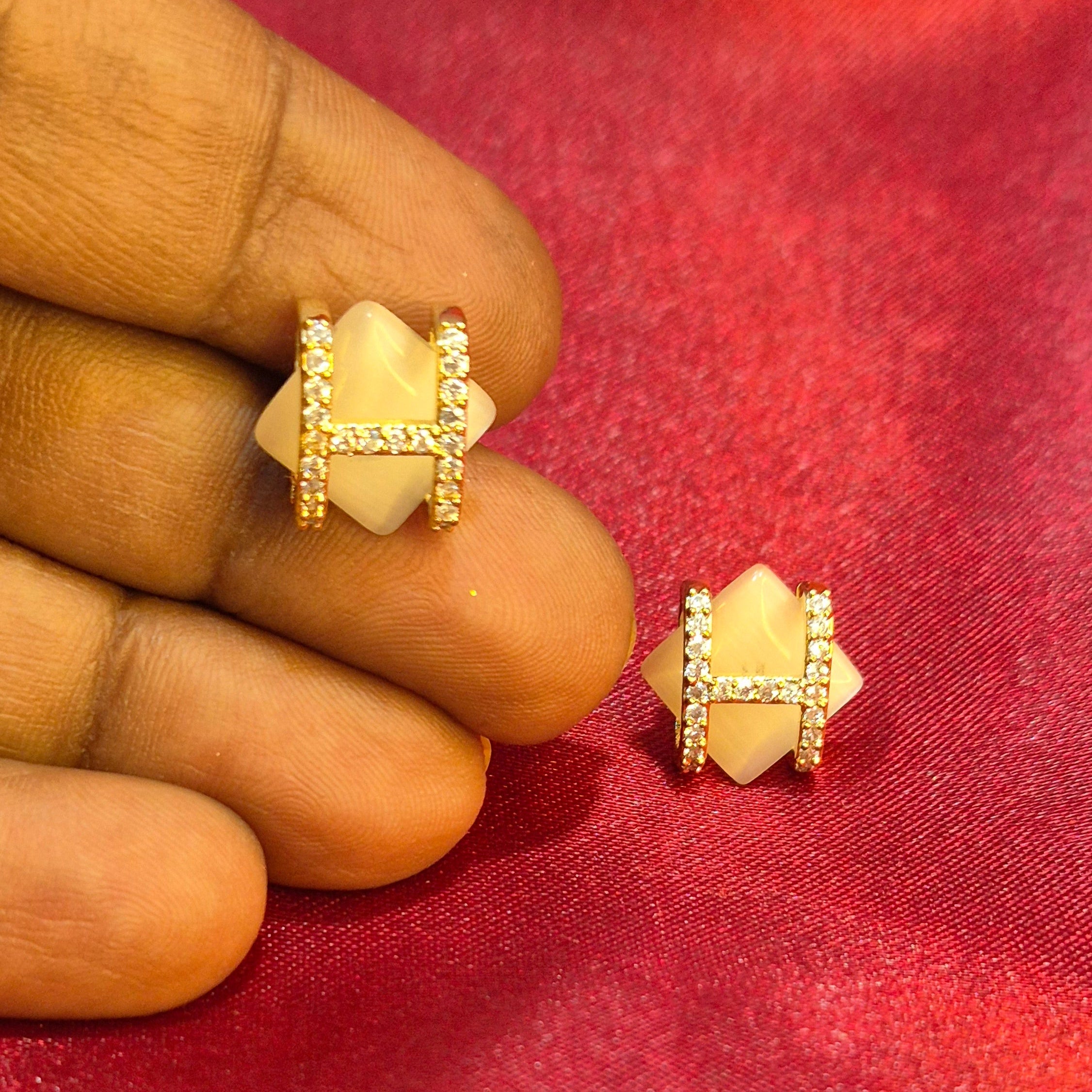 Stone Cube Stud Earrings with Crystal Accent Bands