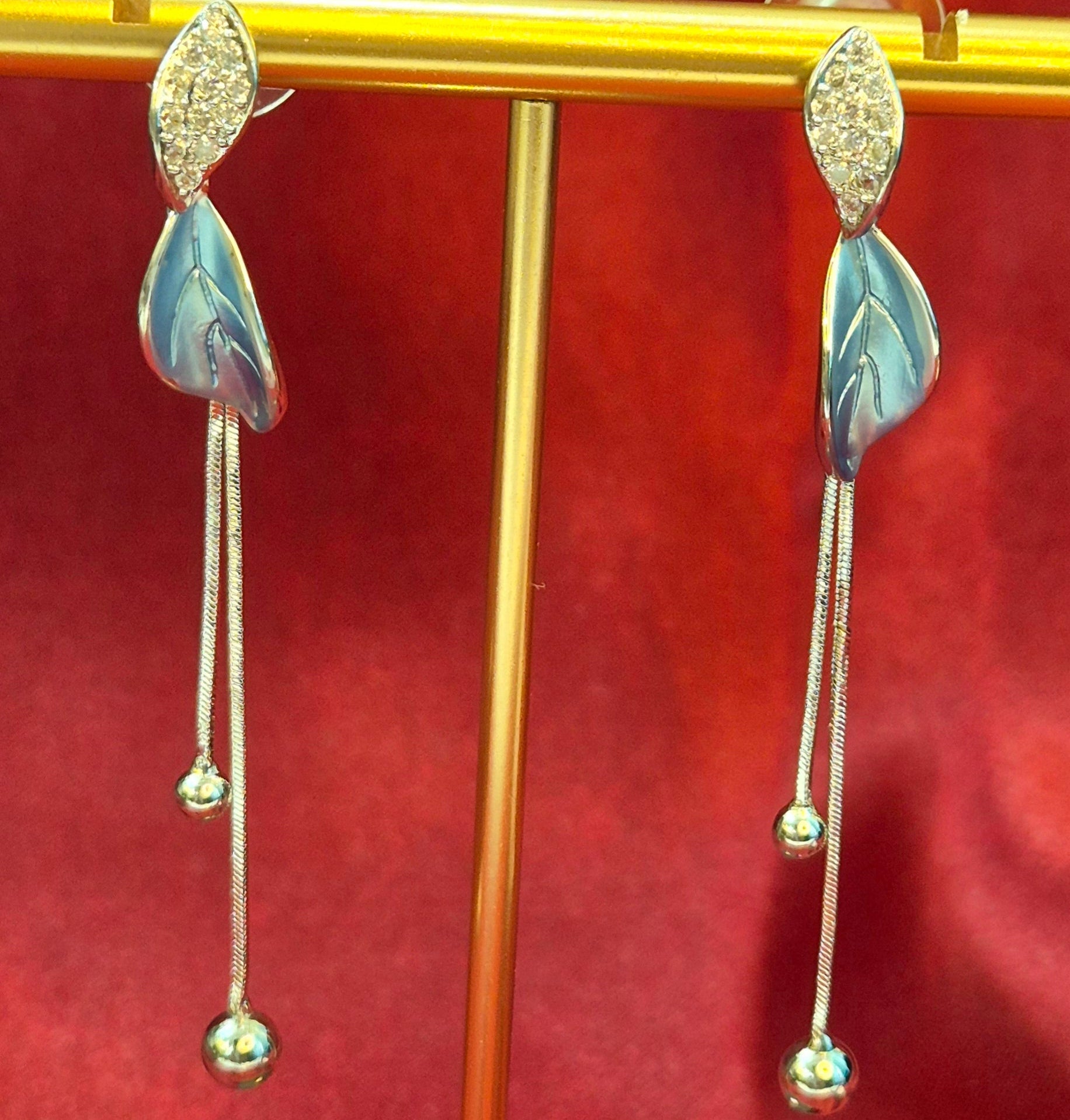 Elegant Blue Enamel Leaf Earrings  with Crystal Top & Tassel Chains