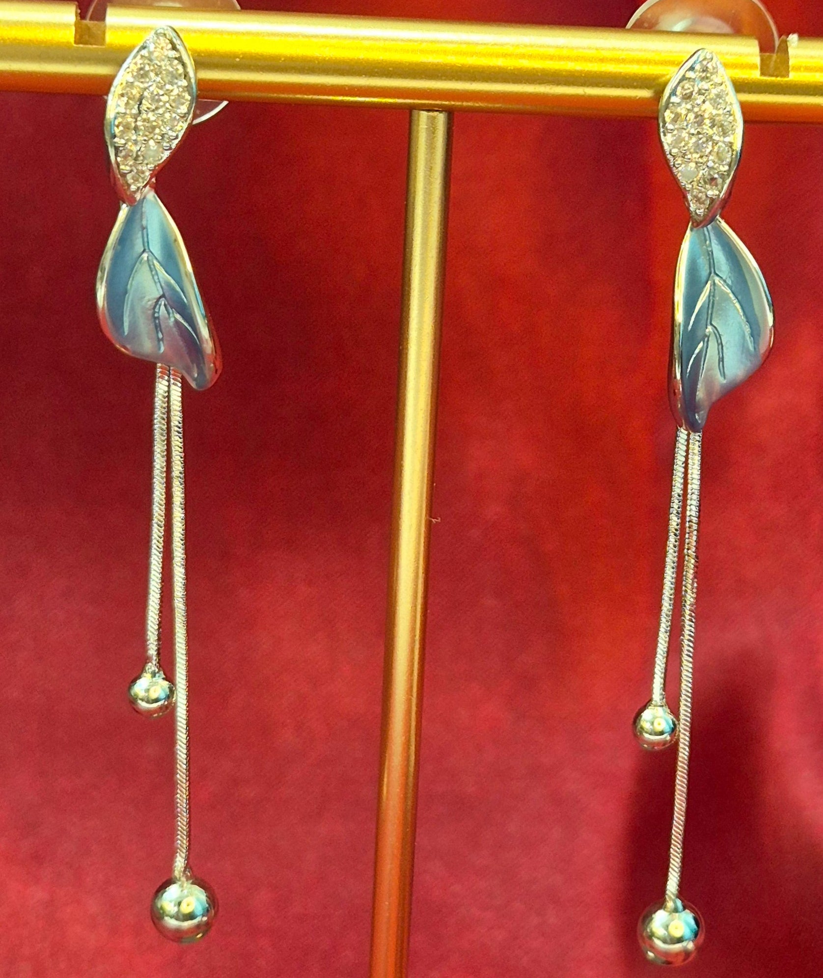 Elegant Blue Enamel Leaf Earrings  with Crystal Top & Tassel Chains