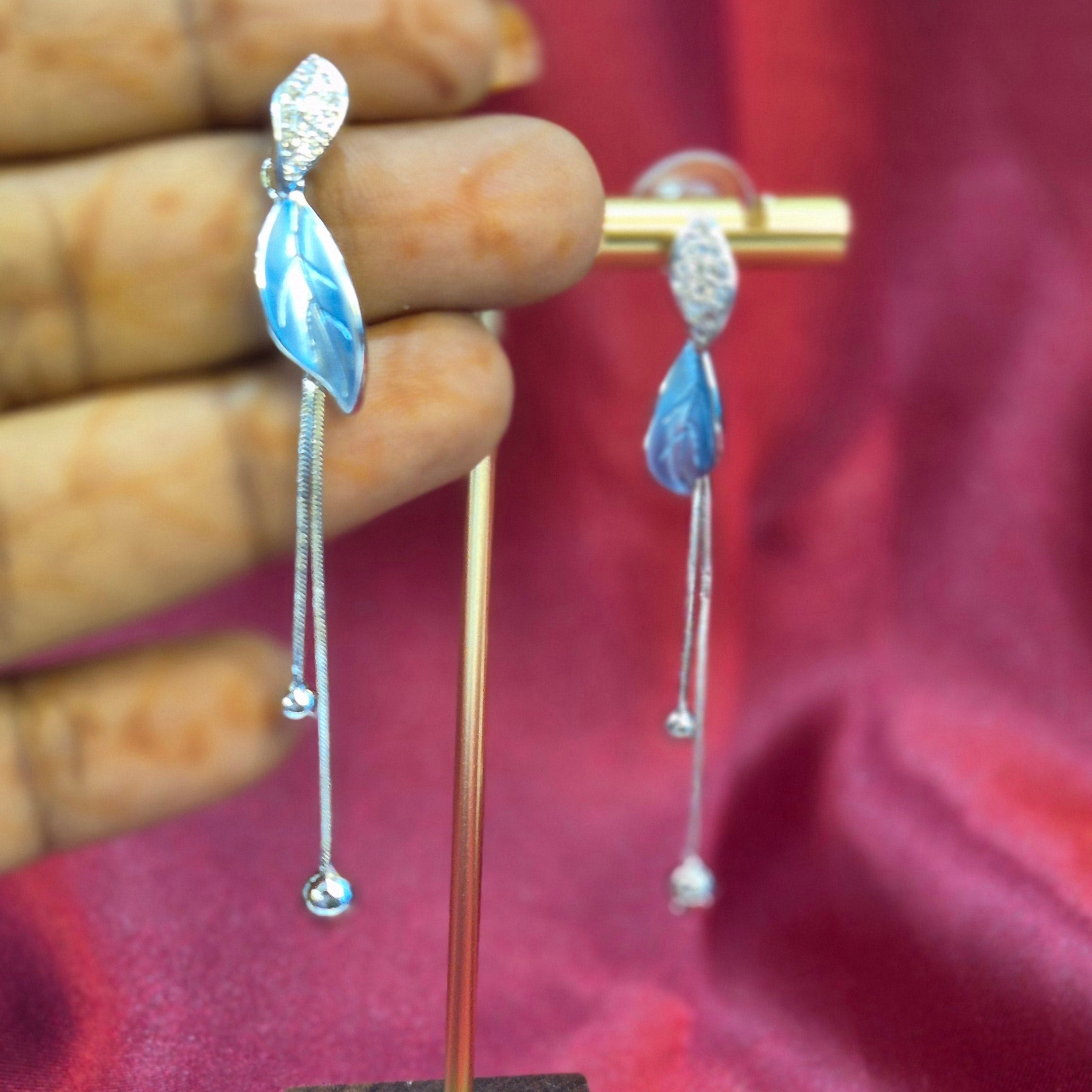 Elegant Blue Enamel Leaf Earrings  with Crystal Top & Tassel Chains