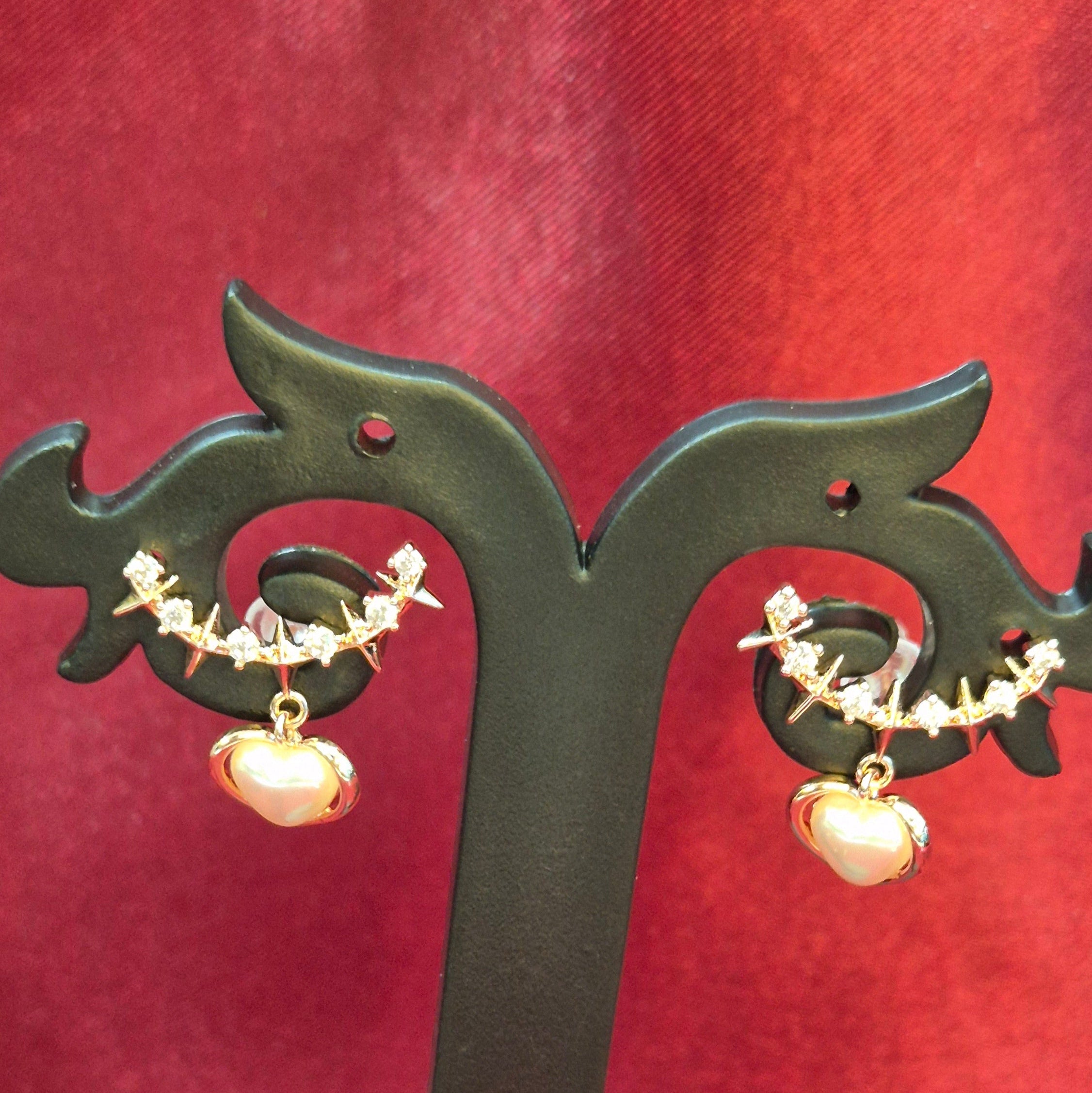 Crystal Arc Earrings with Pearl  Heart Dangle – Romantic Party  Jewelry