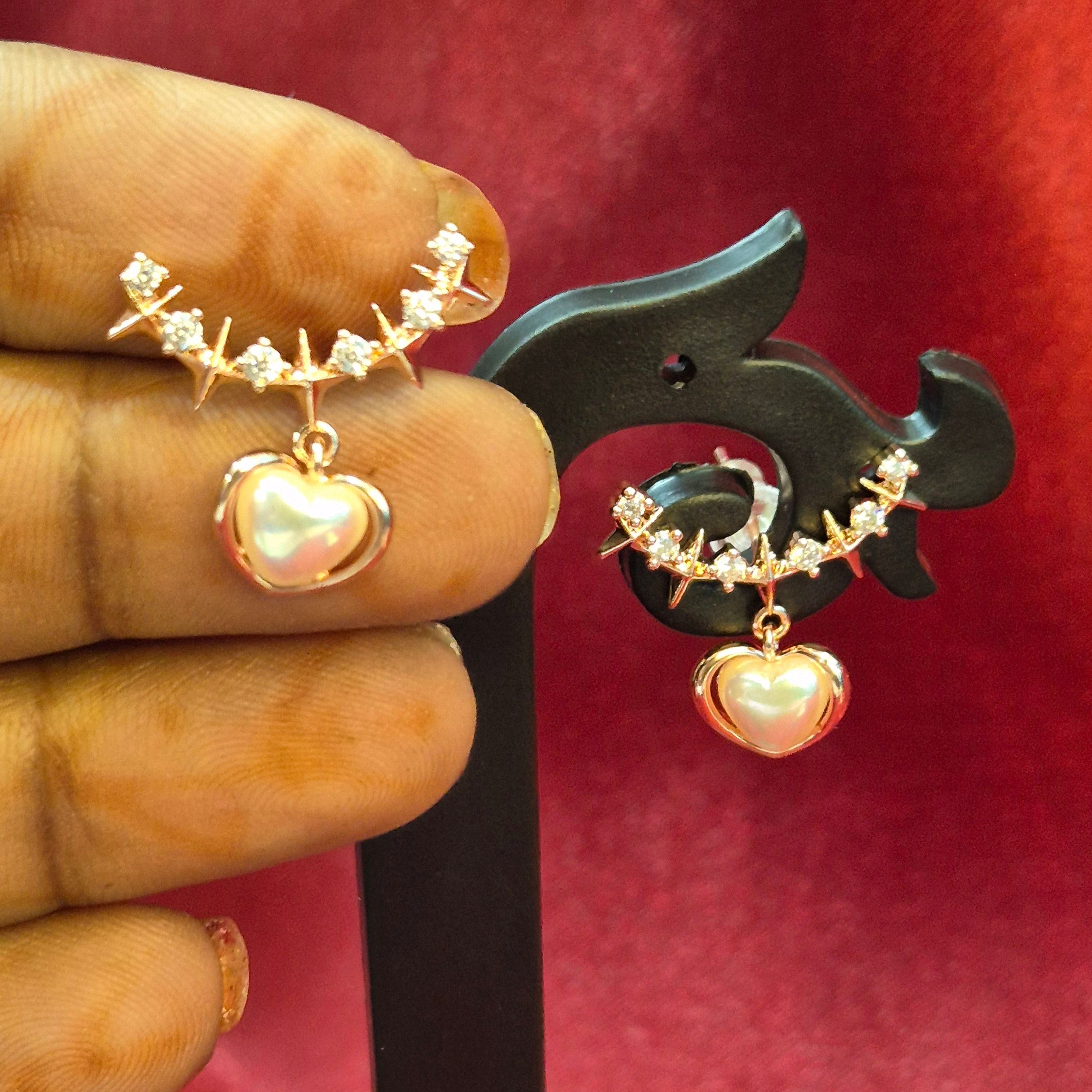 Crystal Arc Earrings with Pearl  Heart Dangle – Romantic Party  Jewelry