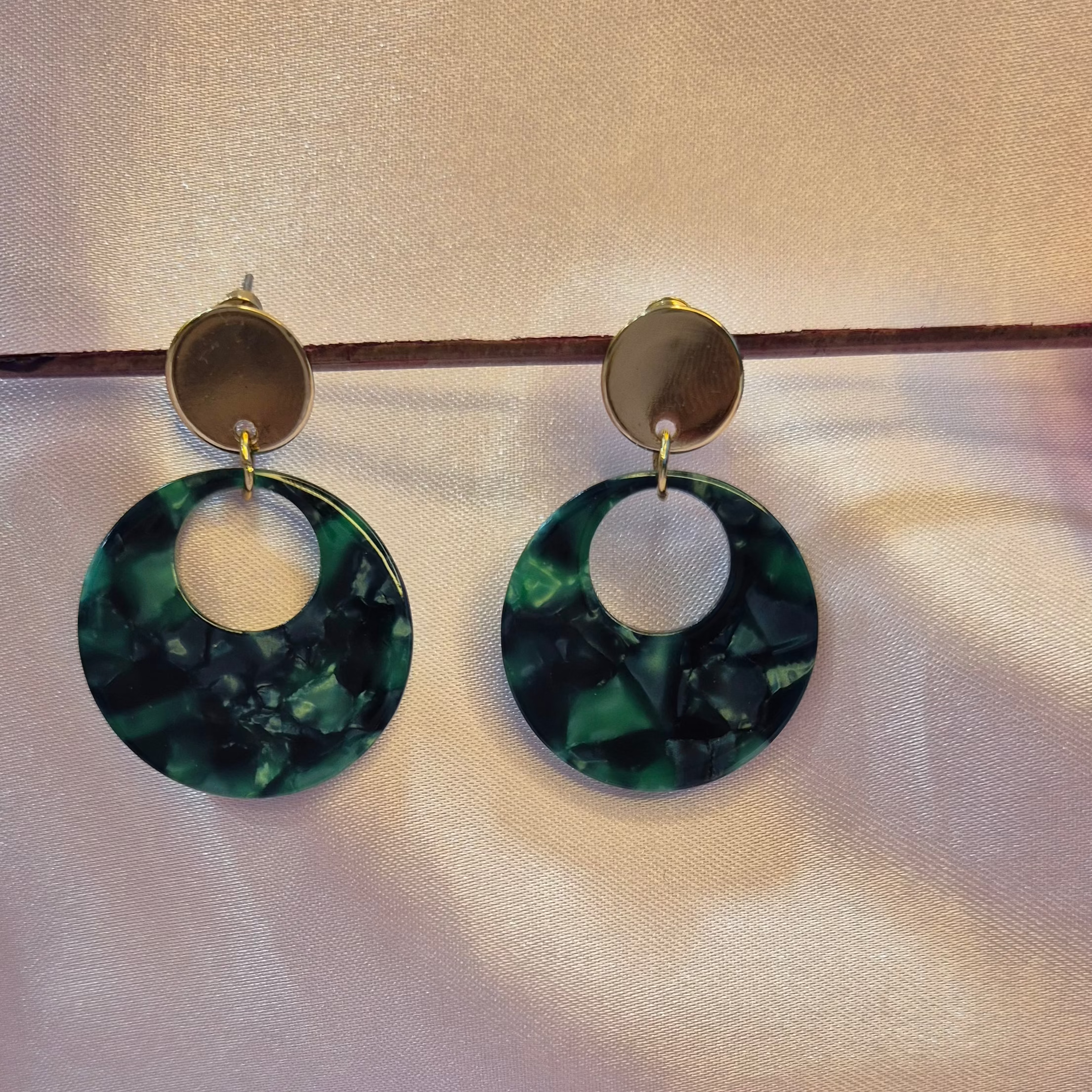 Green Marble Acrylic Circle Drop  Earrings with Gold Stud –  Modern Statement Jewelry