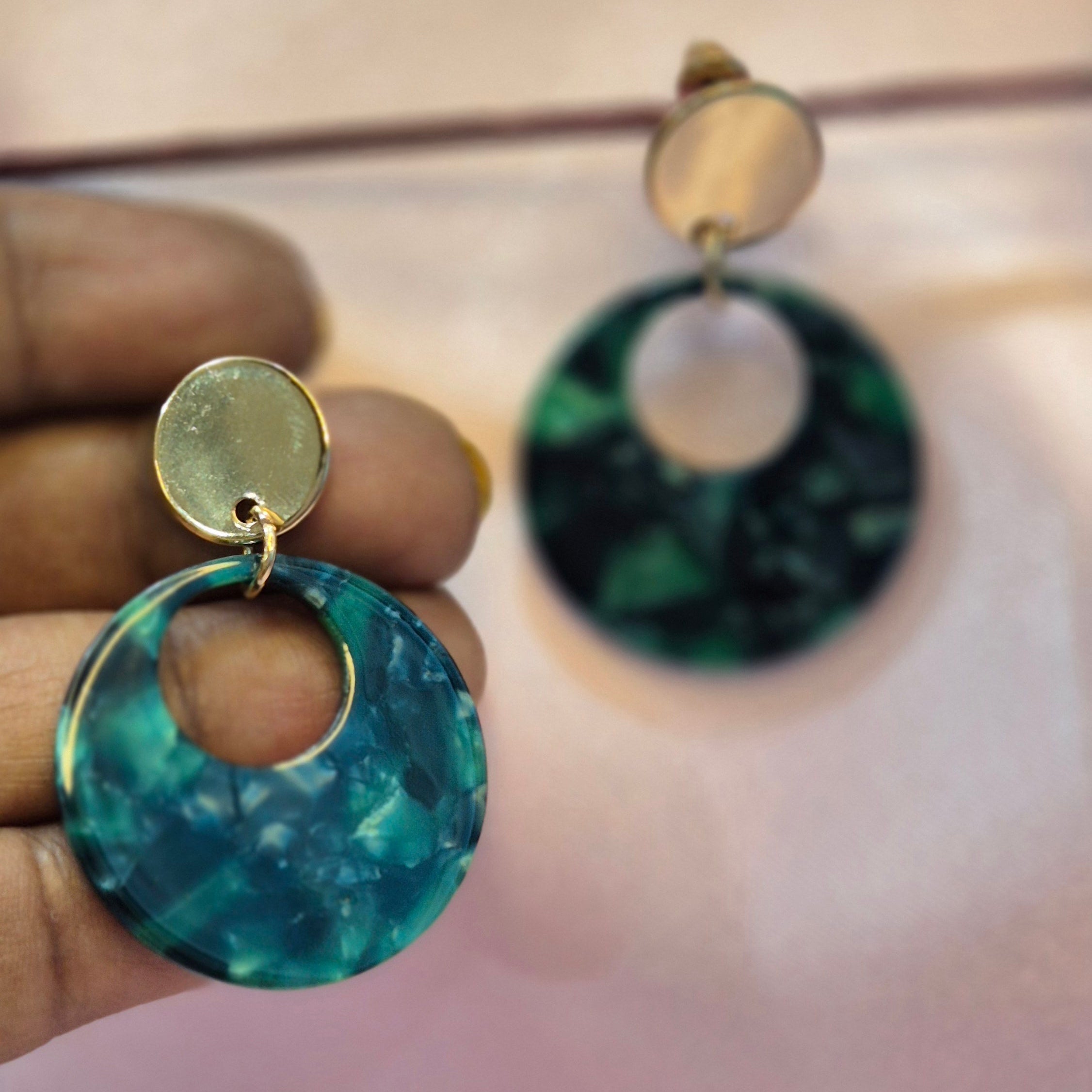 Green Marble Acrylic Circle Drop  Earrings with Gold Stud –  Modern Statement Jewelry