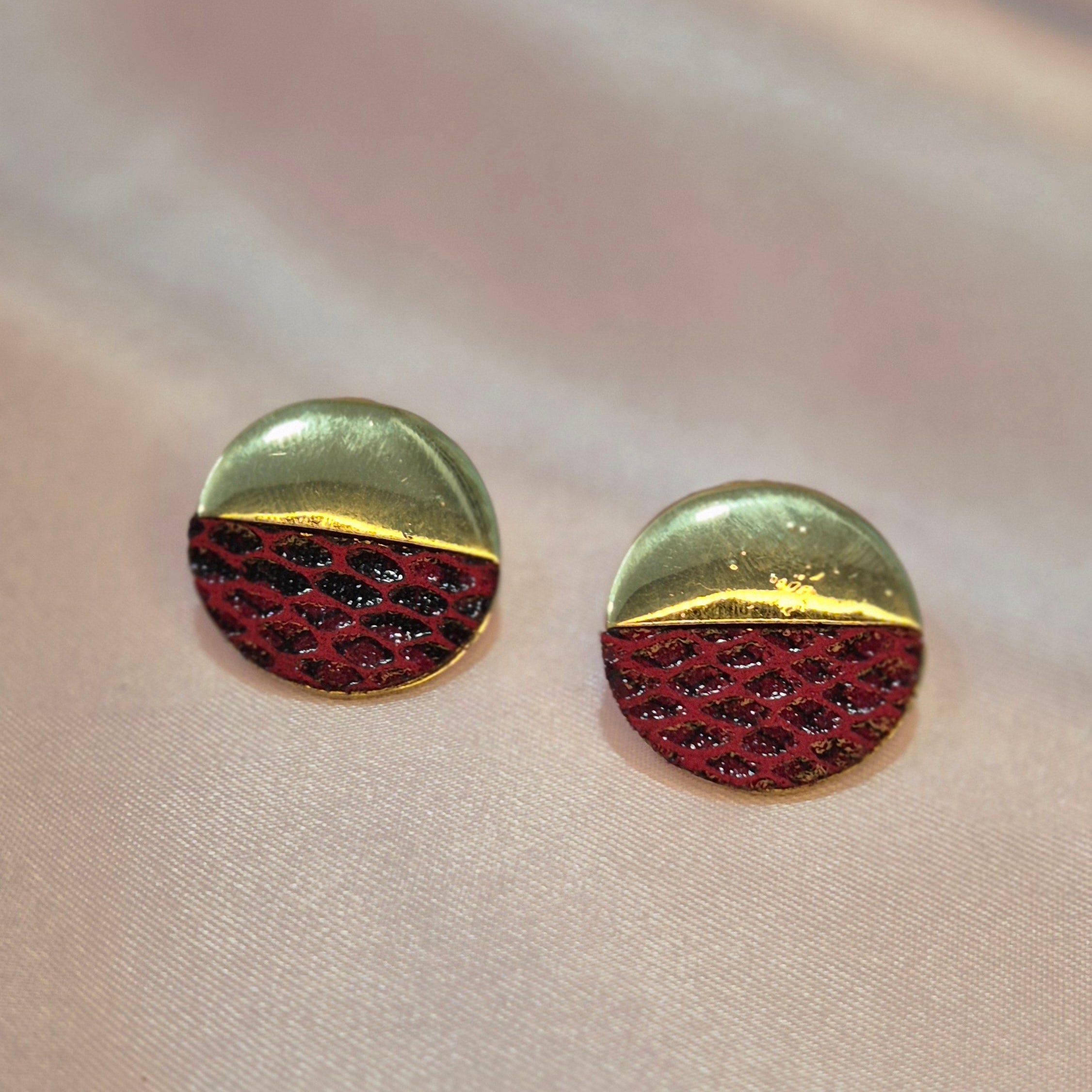 Red Textured and Gold Half-Moon  Stud Earrings – Bold Modern  Statement Jewelry