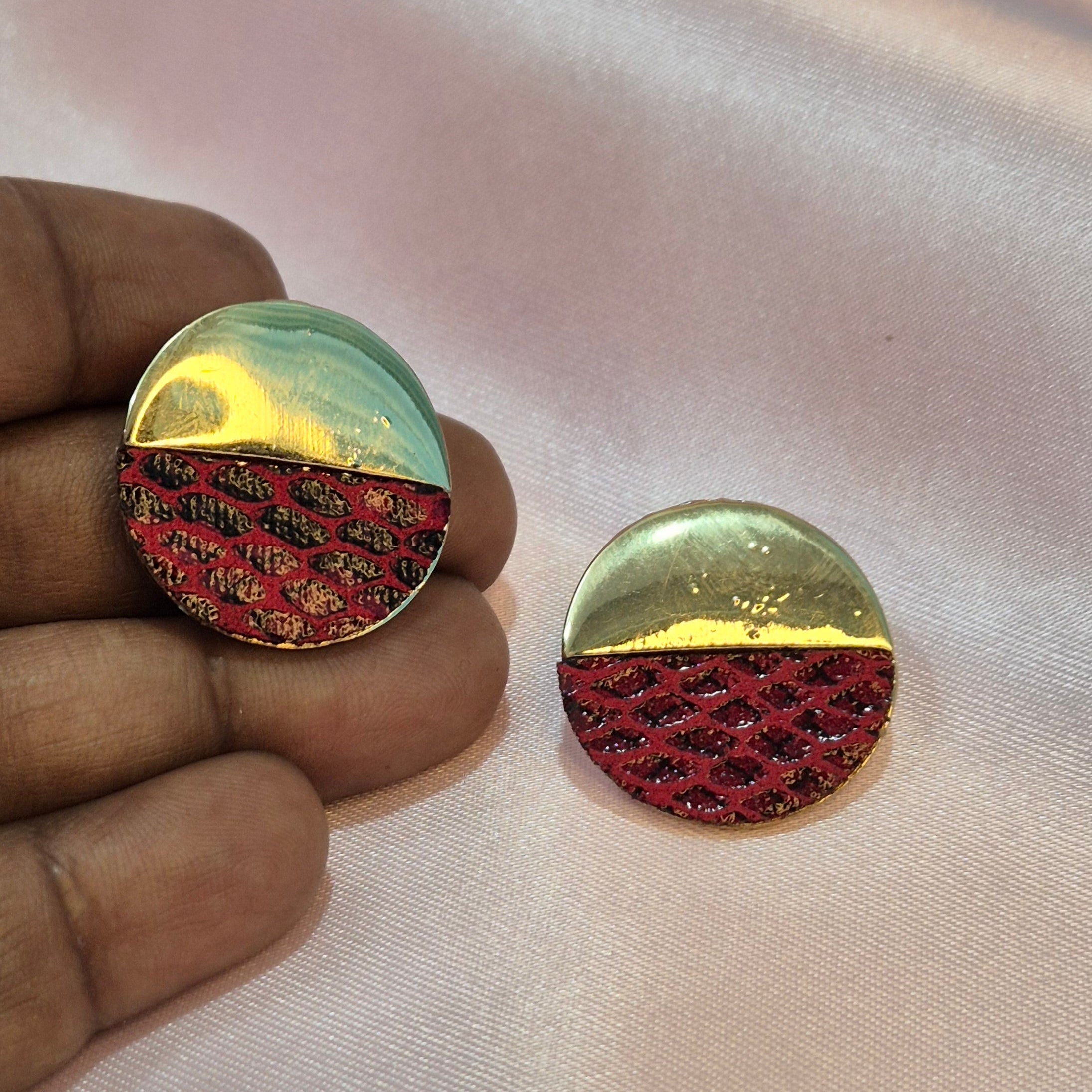 Red Textured and Gold Half-Moon  Stud Earrings – Bold Modern  Statement Jewelry
