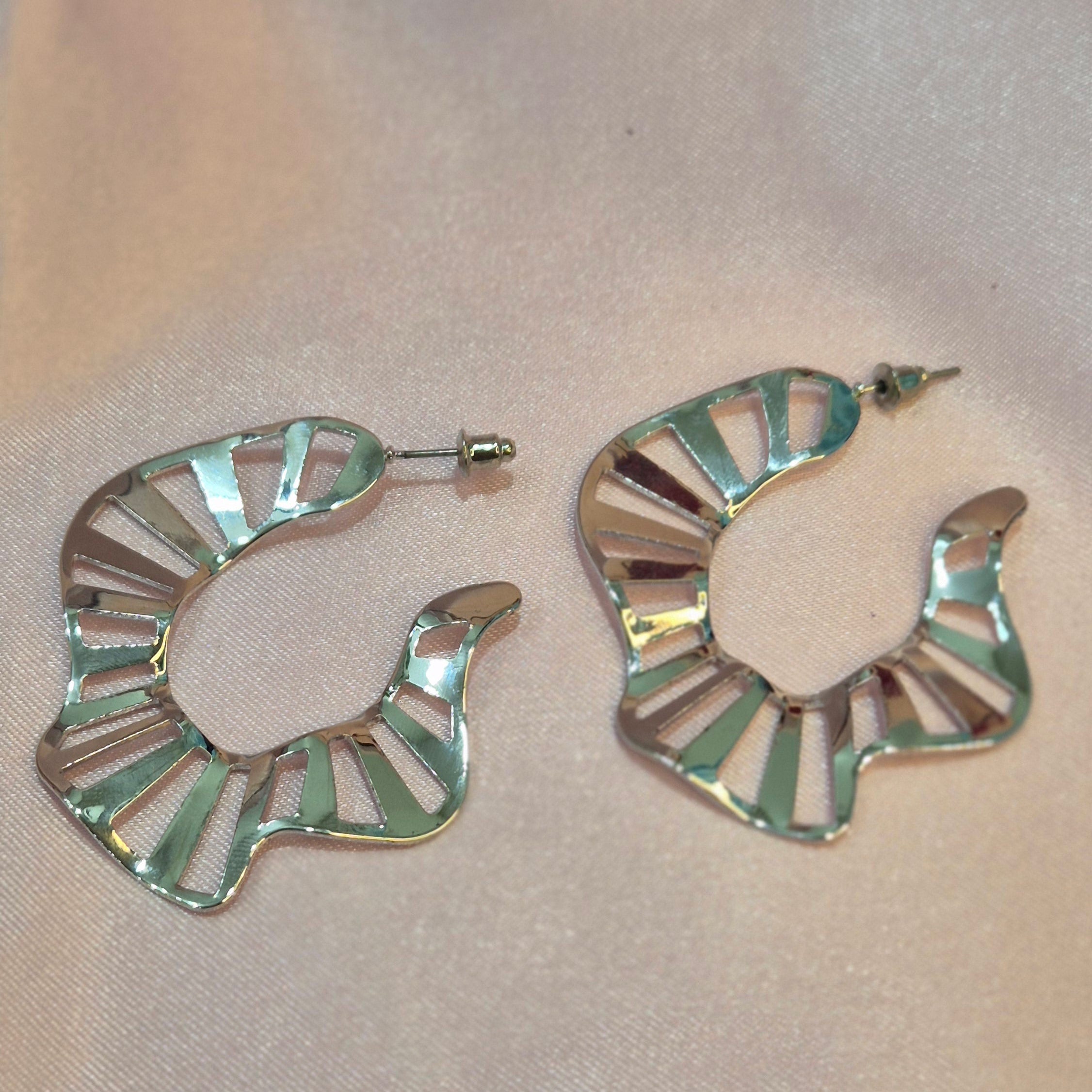 Silver Cutout Wave Hoop Earrings - Modern Sculptural Statement  Jewelry