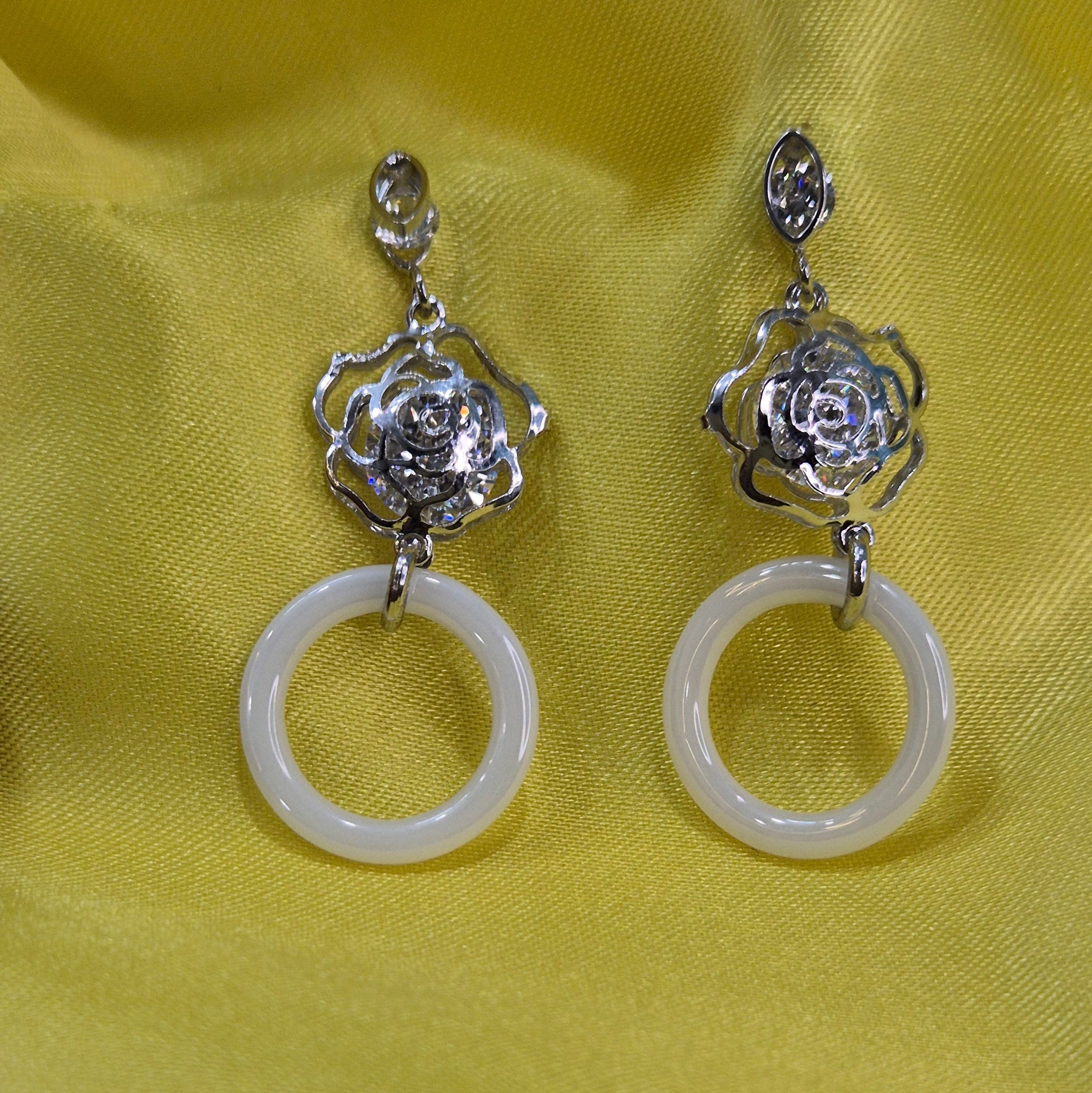 Silver Floral Crystal Dangle  Earrings with White Circle Drop –  Elegant Party Jewellery