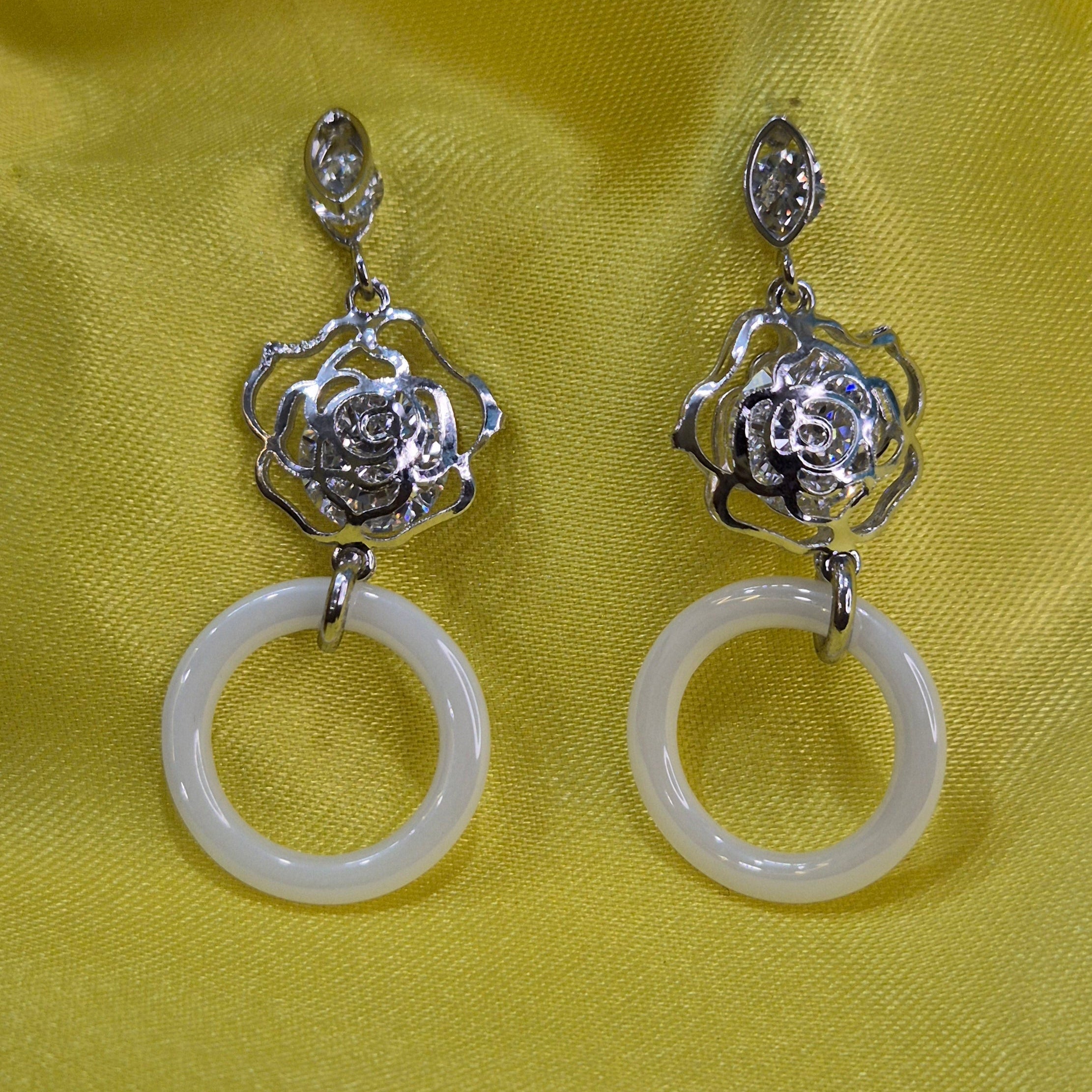 Silver Floral Crystal Dangle  Earrings with White Circle Drop –  Elegant Party Jewellery