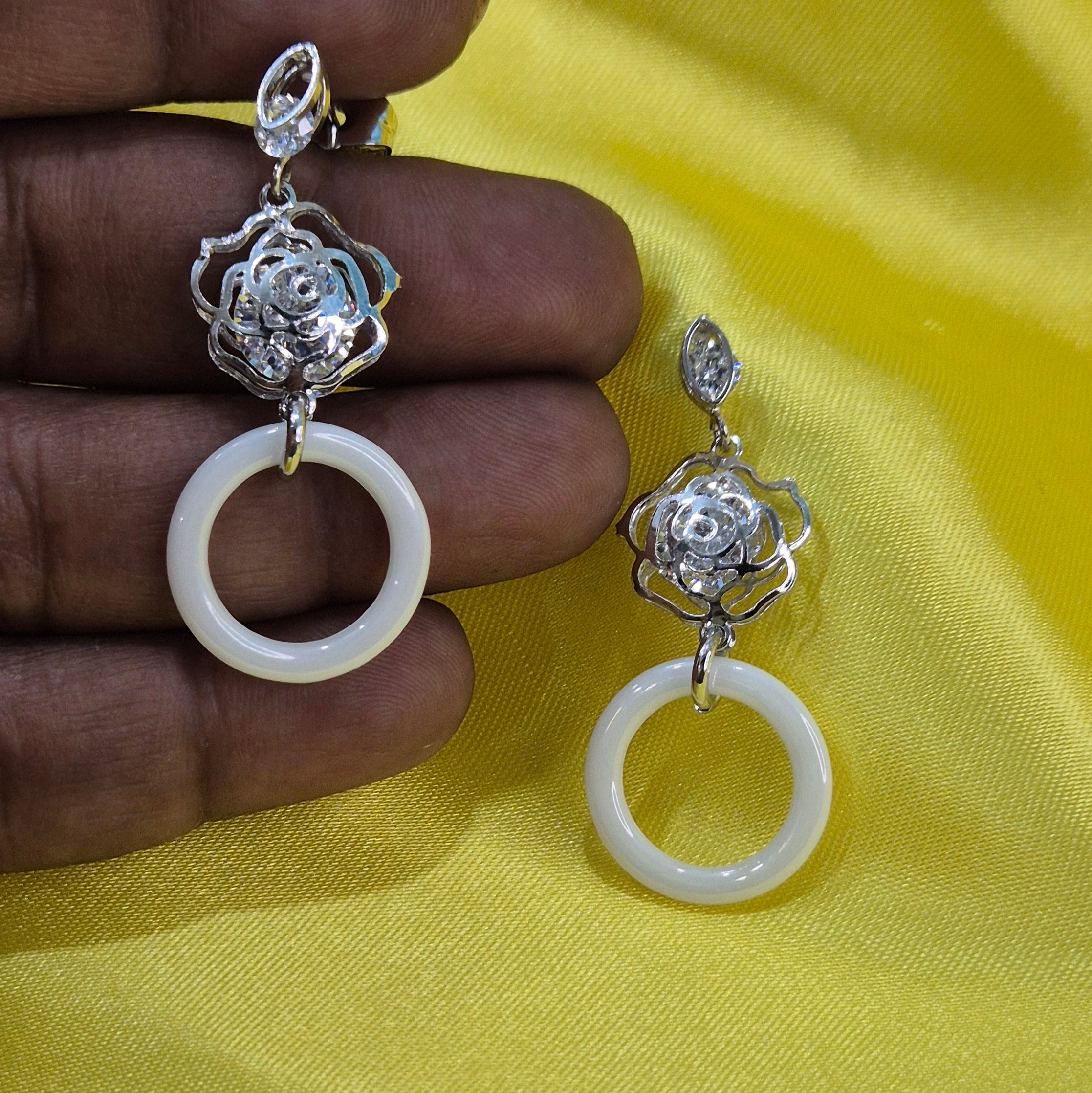 Silver Floral Crystal Dangle  Earrings with White Circle Drop –  Elegant Party Jewellery