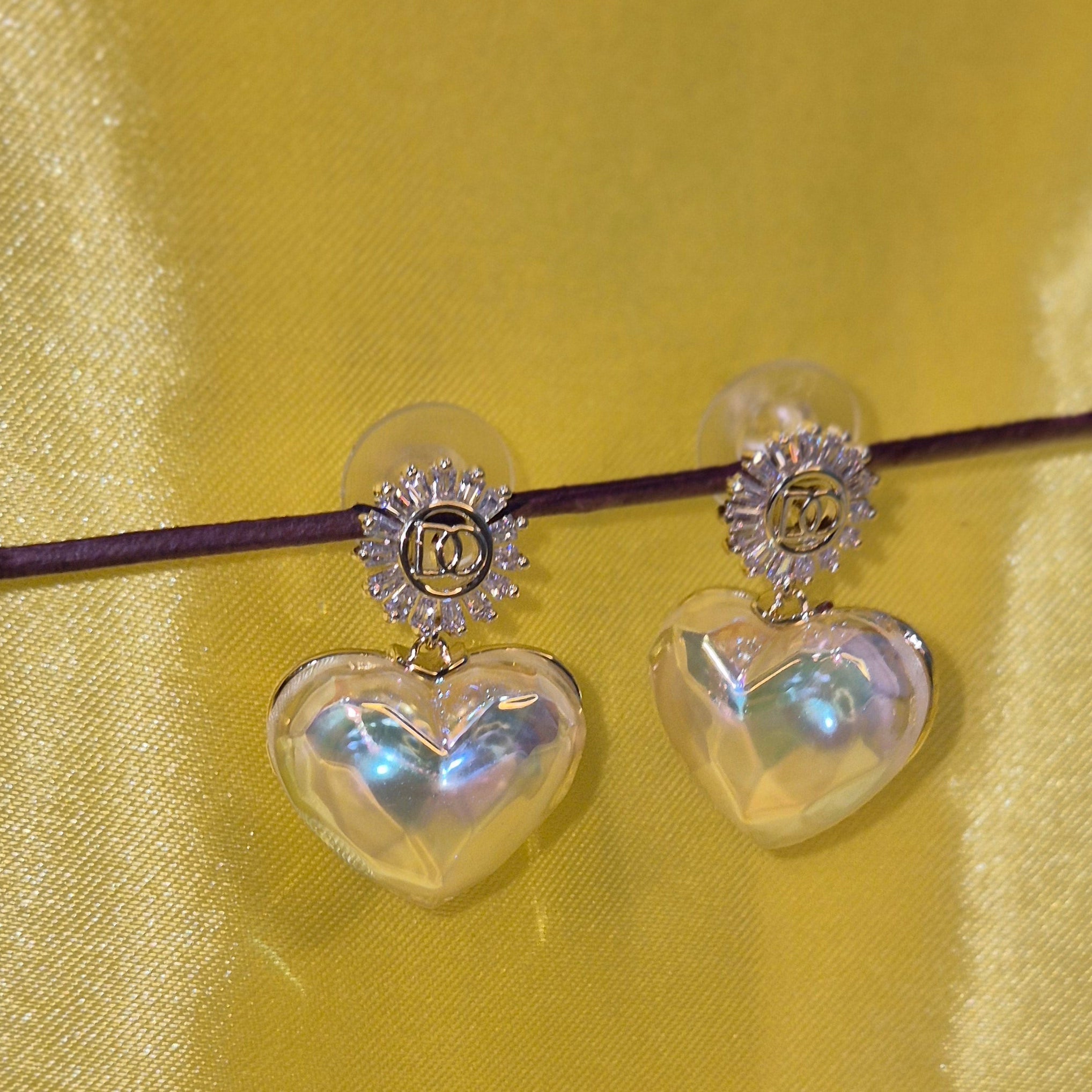 Golden Heart Drop Earrings with  Crystal Stud – Elegant Iridescent  Party Jewellery
