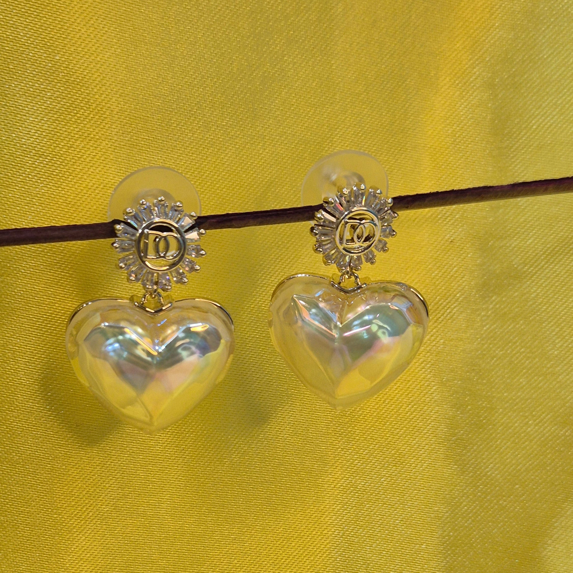 Golden Heart Drop Earrings with  Crystal Stud – Elegant Iridescent  Party Jewellery