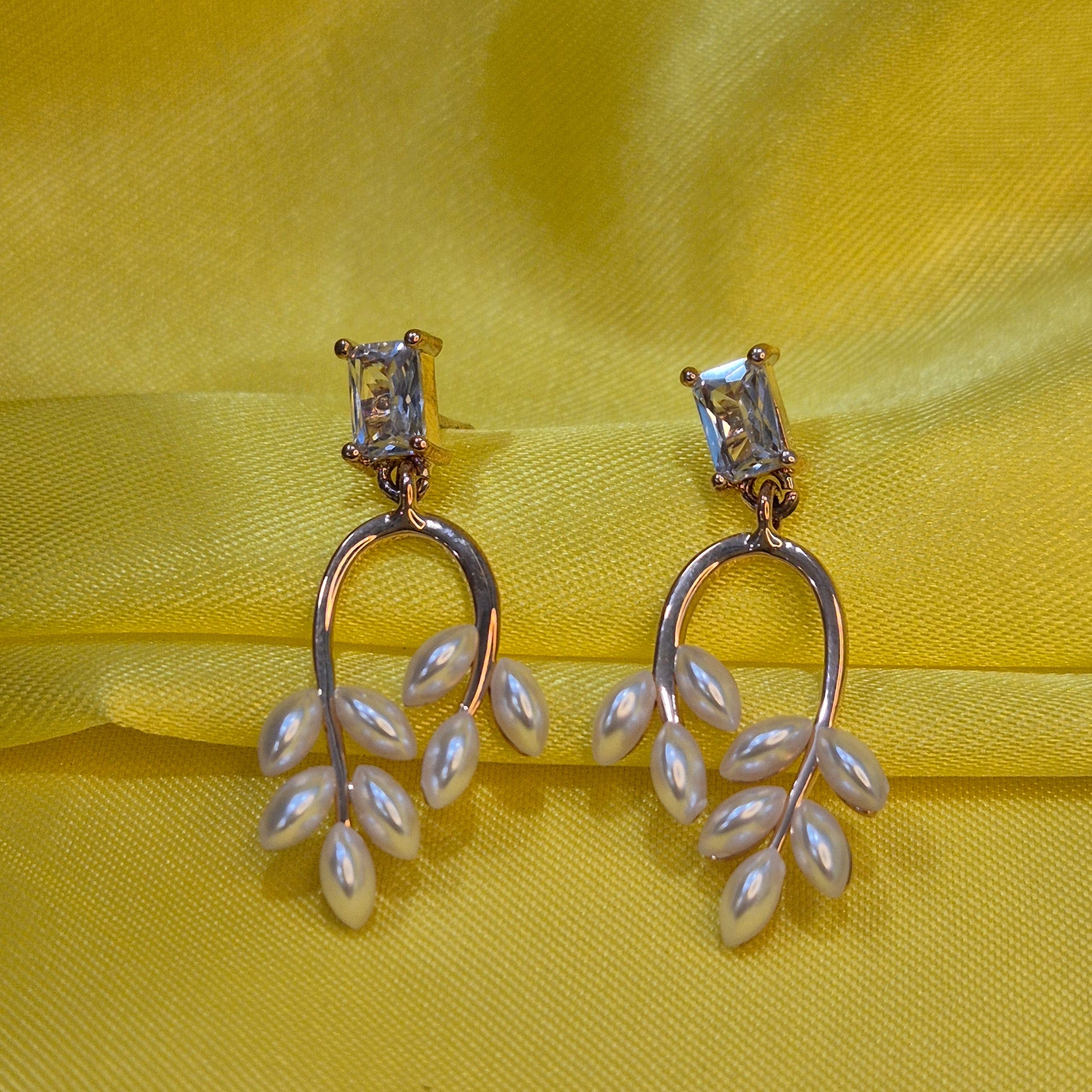 Gold Pearl Dangle Earrings  with Crystal Top – Elegant Nature -Inspired Jewelry