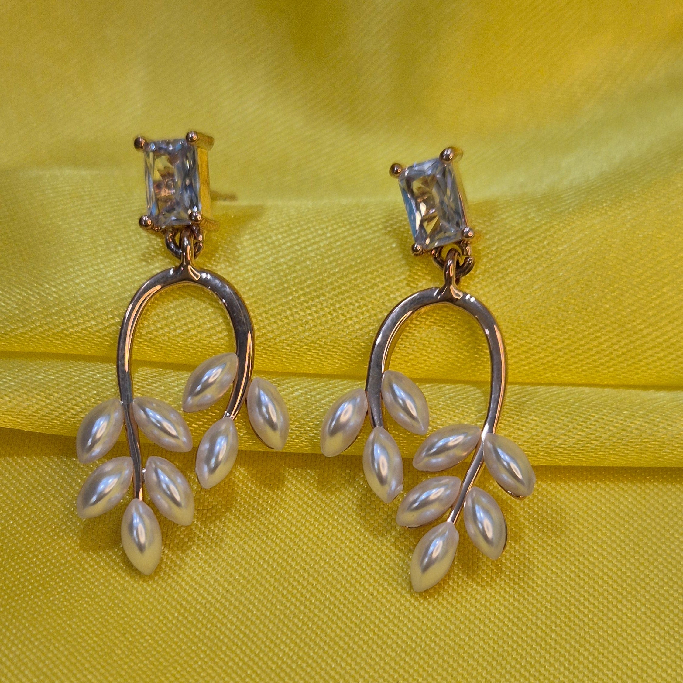 Gold Pearl Dangle Earrings  with Crystal Top – Elegant Nature -Inspired Jewelry