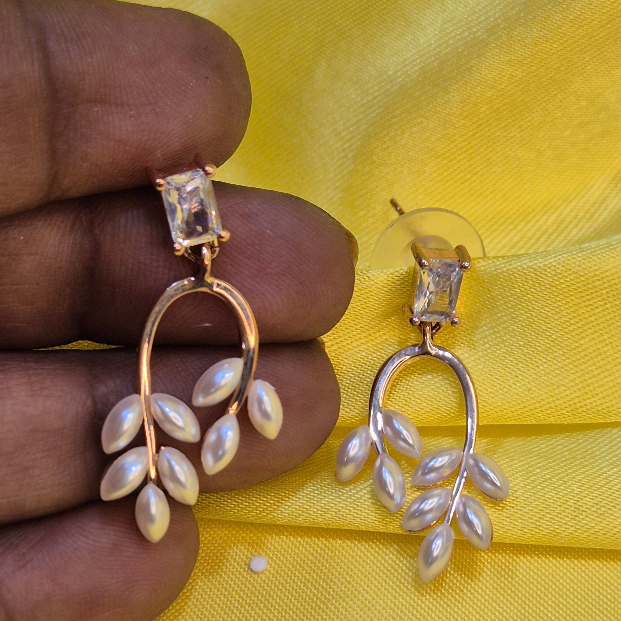 Gold Pearl Dangle Earrings  with Crystal Top – Elegant Nature -Inspired Jewelry