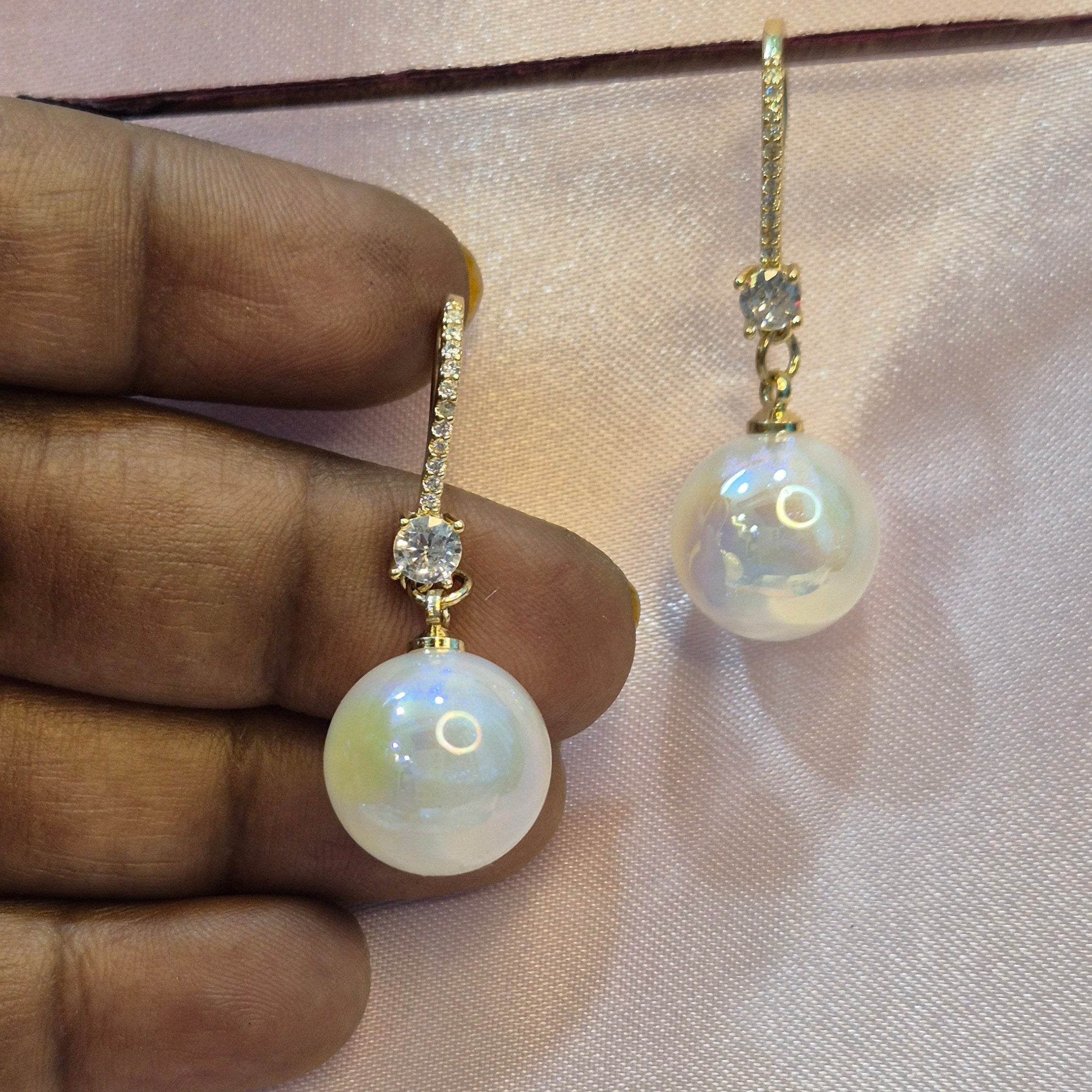 Gold Pearl Drop Earrings with  Crystal Accents – Elegant Classic  Dangle Jewellery