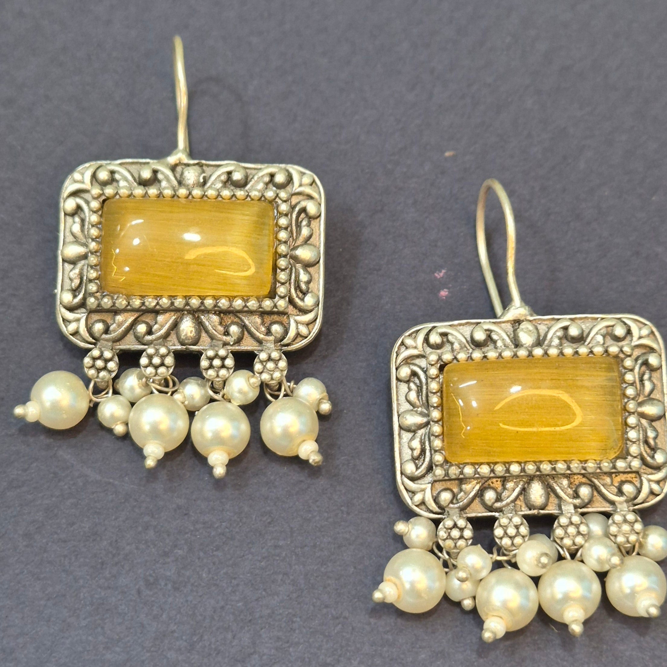 Oxidised hook drop Silver Yellow /Pink/Red Stone Earrings with Pearl Drop