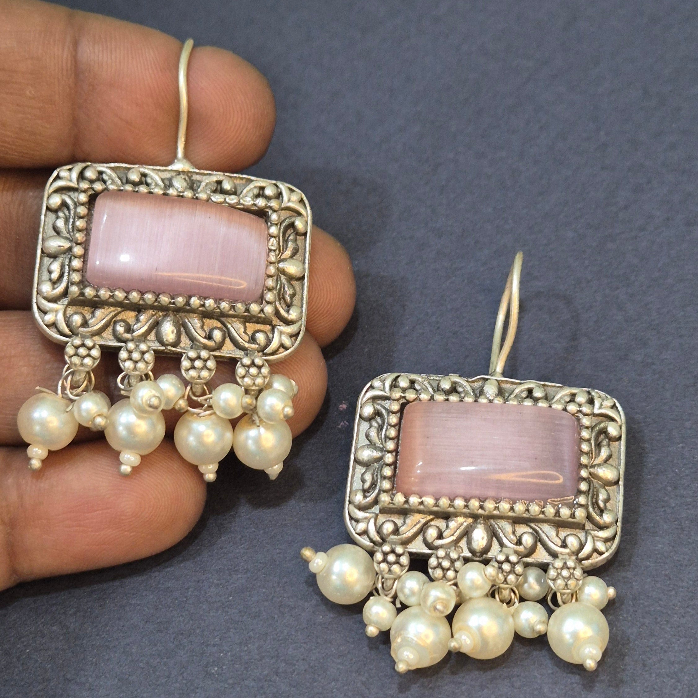 Oxidised hook drop Silver Yellow /Pink/Red Stone Earrings with Pearl Drop