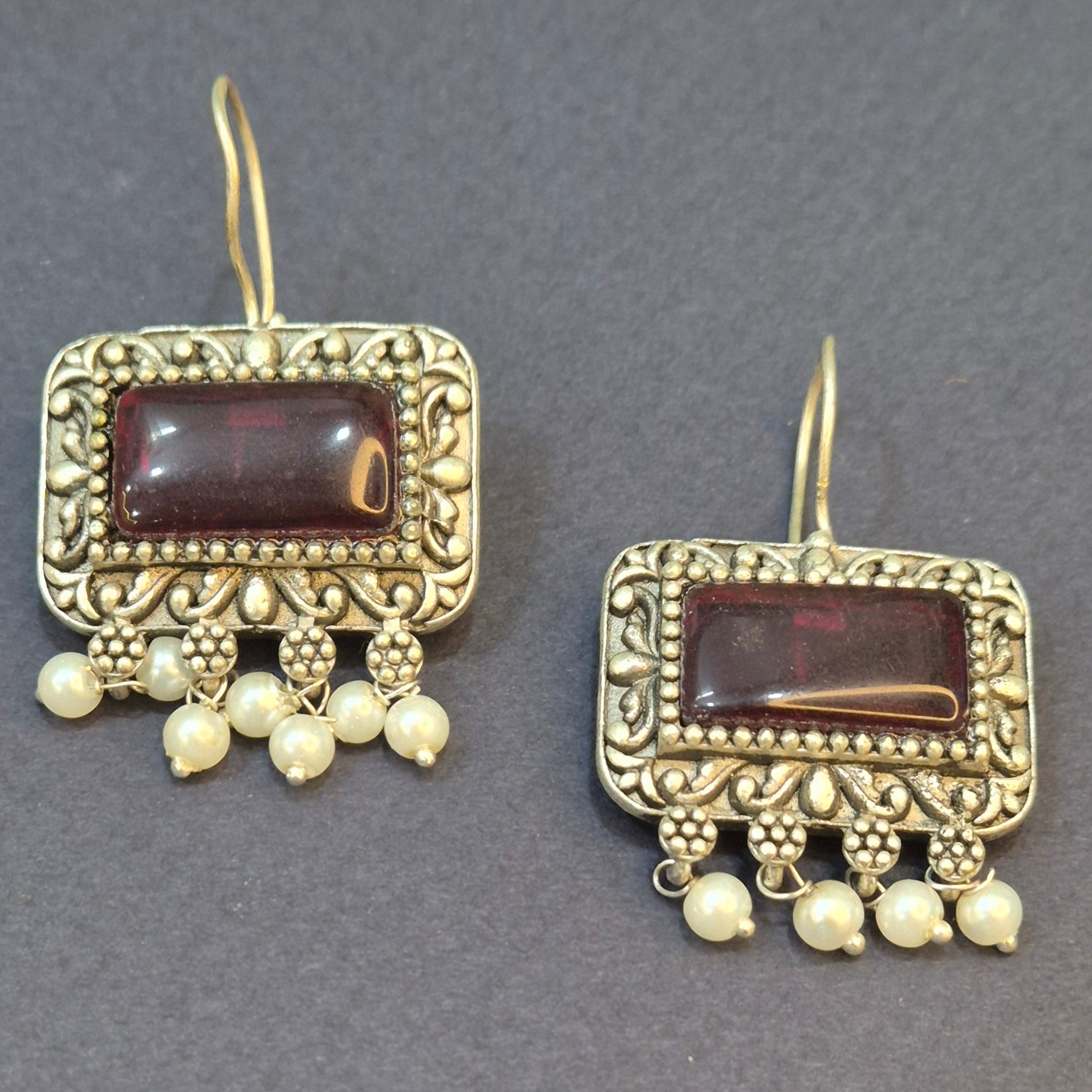 Oxidised hook drop Silver Yellow /Pink/Red Stone Earrings with Pearl Drop