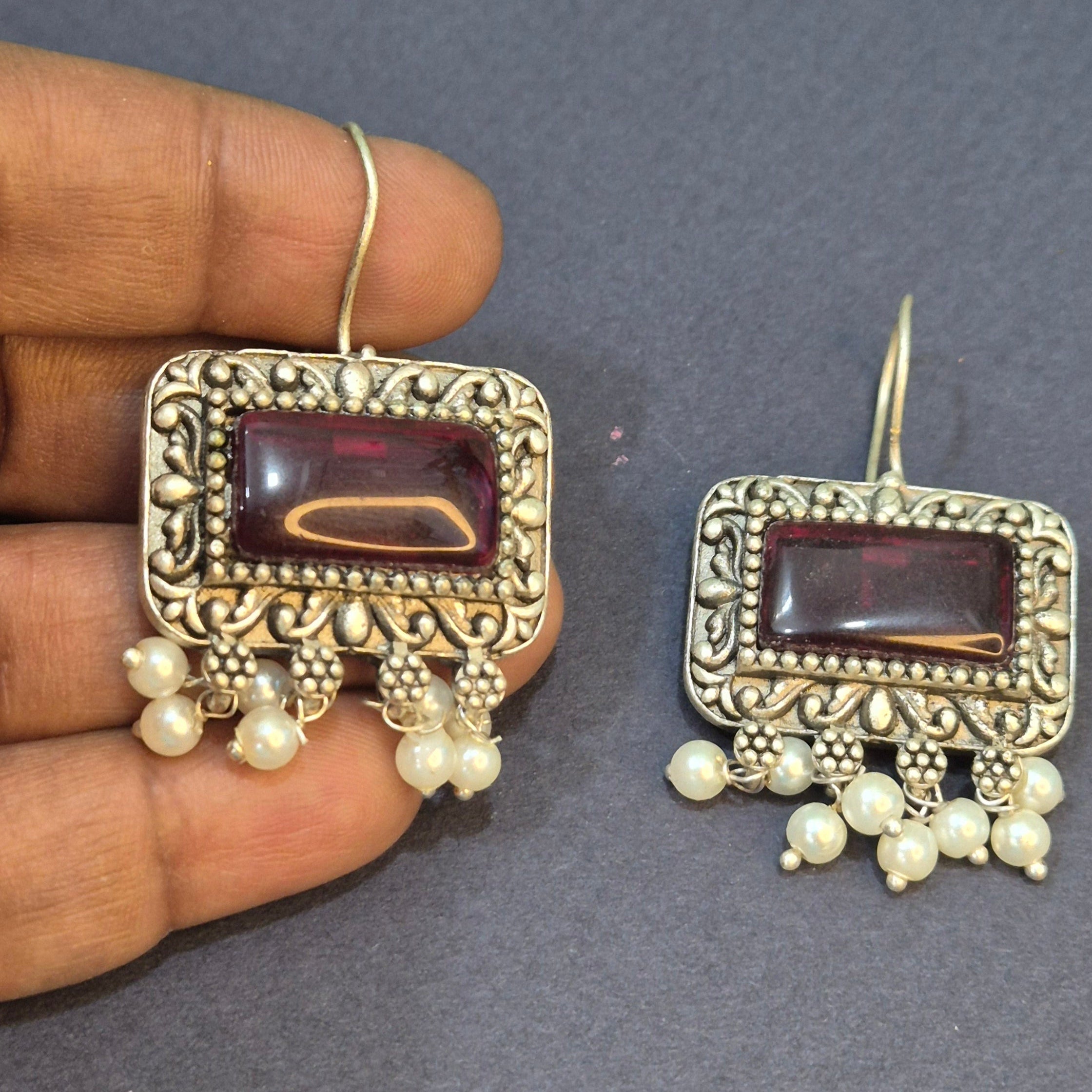 Oxidised hook drop Silver Yellow /Pink/Red Stone Earrings with Pearl Drop