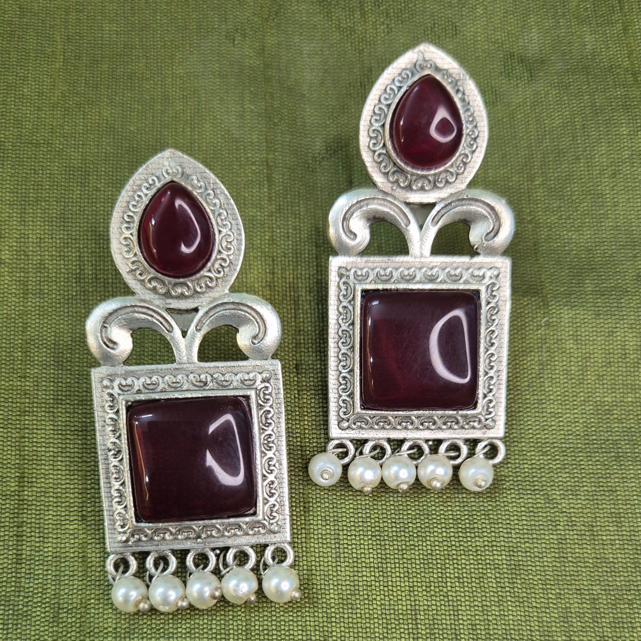 Oxidised Silver Maroon /Yellow/Green/Turquoise blue Stone Earrings with Pearl Drop