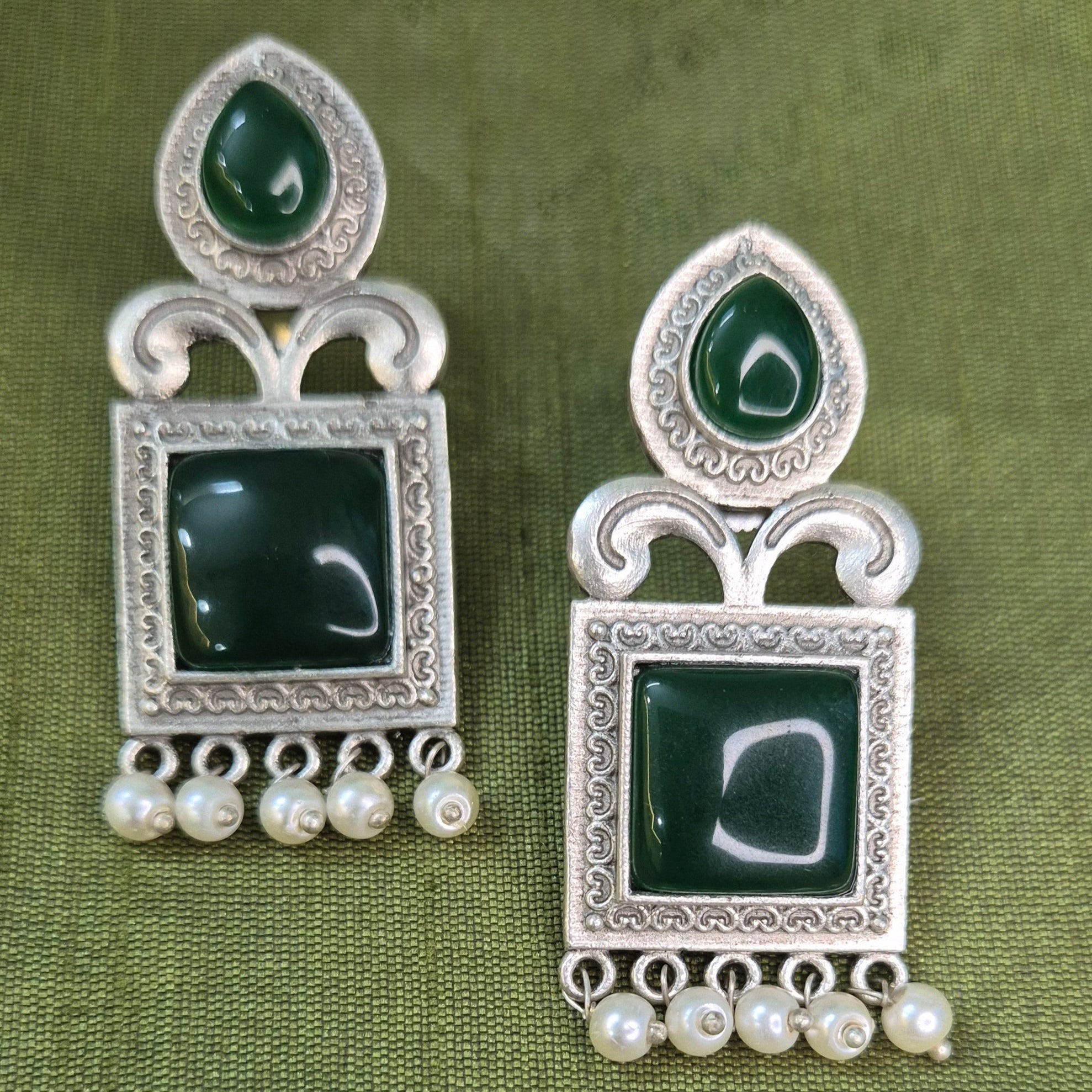 Oxidised Silver Maroon /Yellow/Green/Turquoise blue Stone Earrings with Pearl Drop