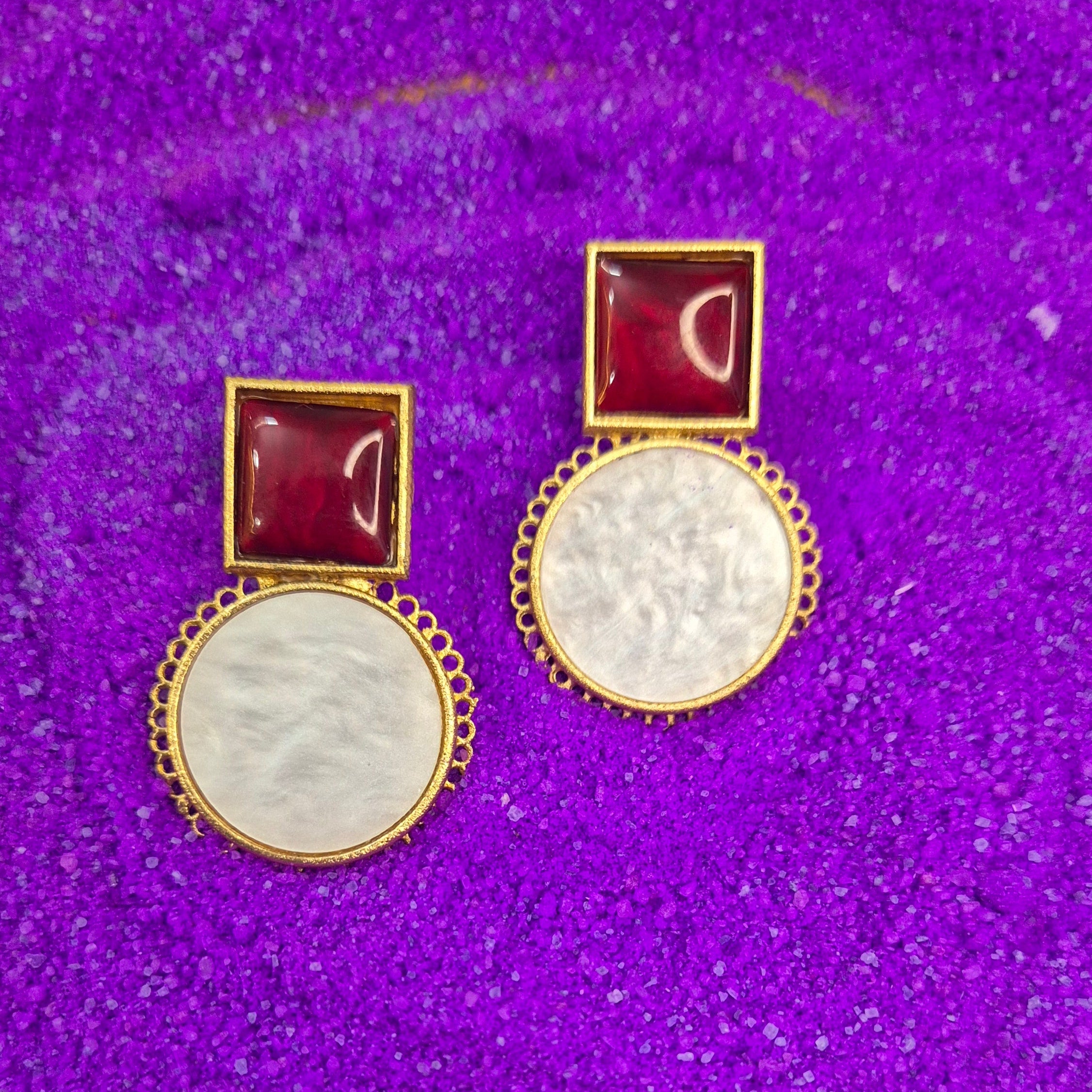 Gold-Plated Red/Turquoise blue/Green & Mother of Pearl Statement Earrings