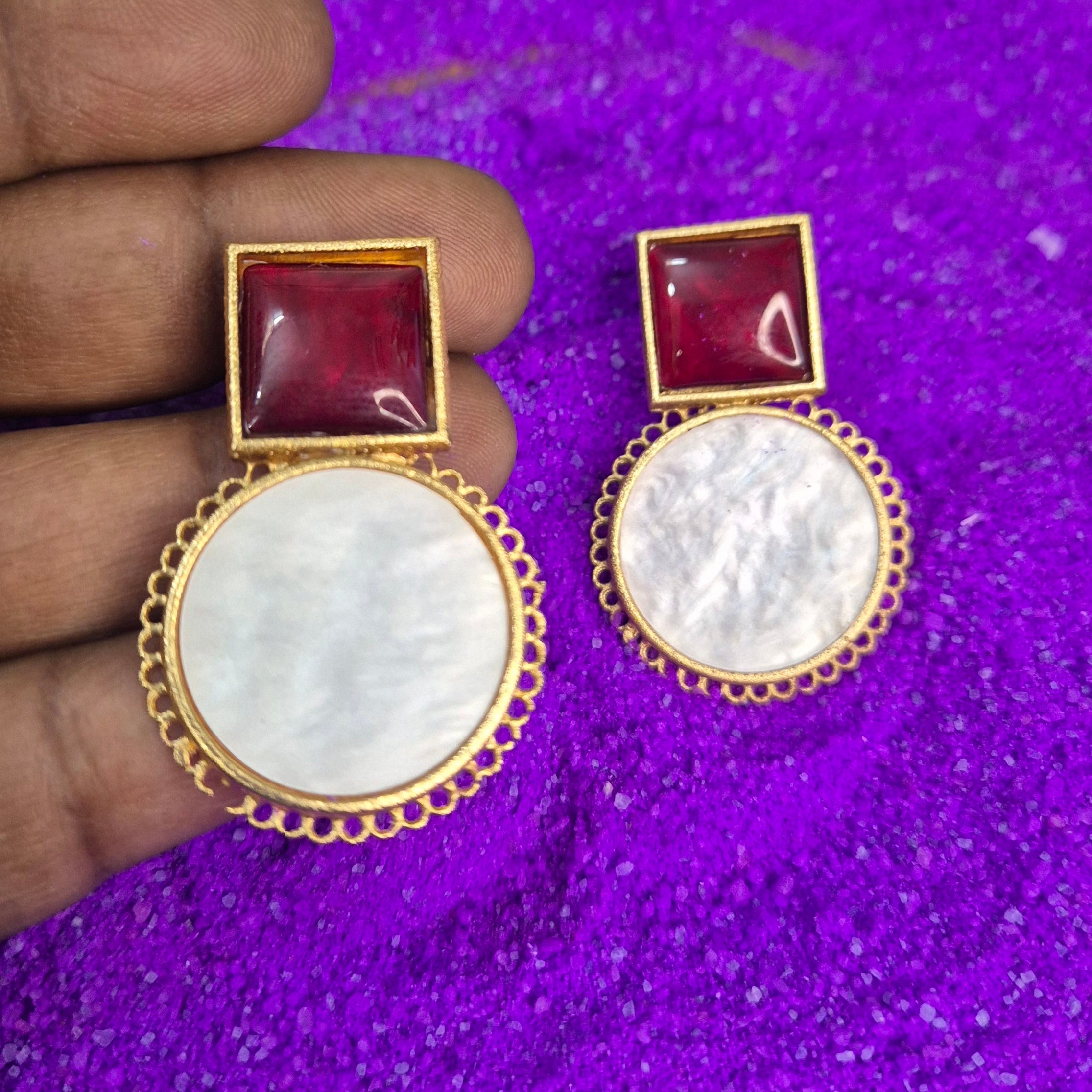 Gold-Plated Red/Turquoise blue/Green & Mother of Pearl Statement Earrings