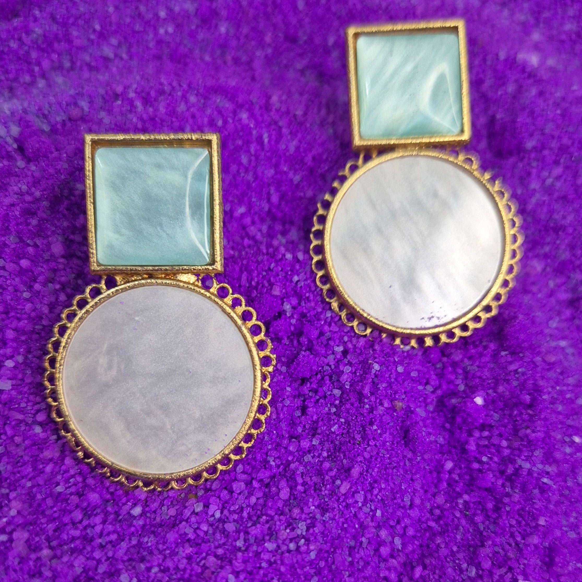 Gold-Plated Red/Turquoise blue/Green & Mother of Pearl Statement Earrings