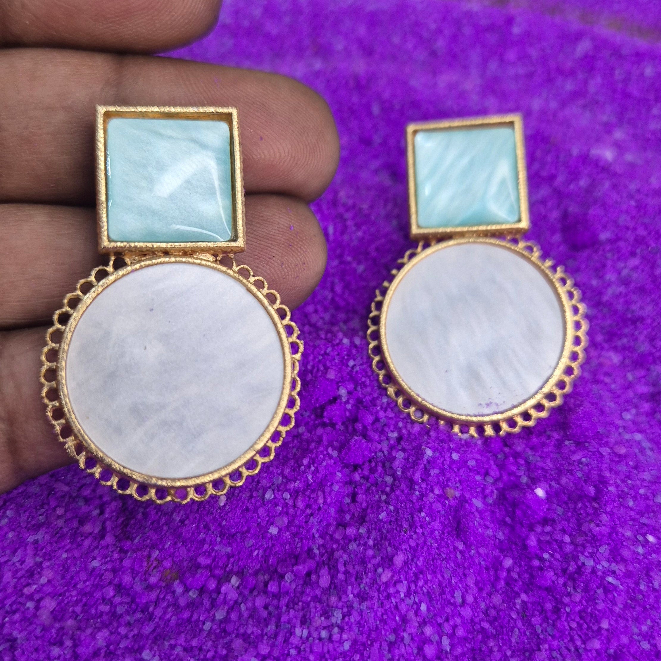 Gold-Plated Red/Turquoise blue/Green & Mother of Pearl Statement Earrings