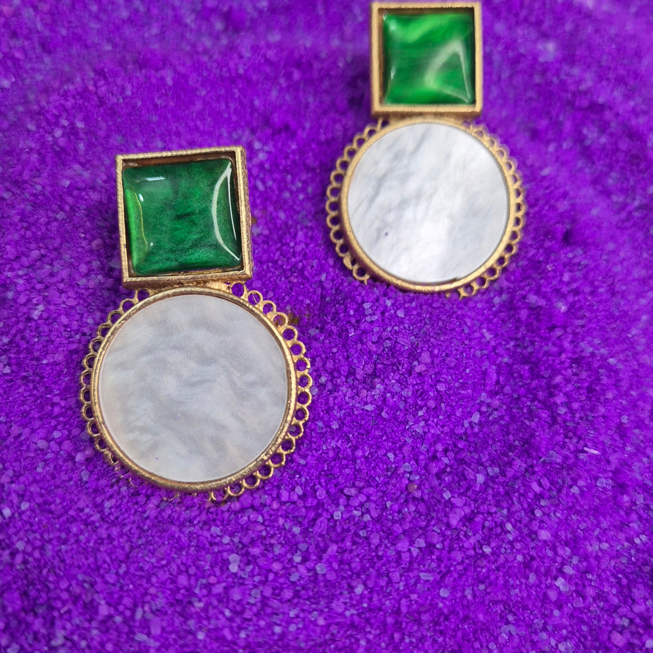 Gold-Plated Red/Turquoise blue/Green & Mother of Pearl Statement Earrings