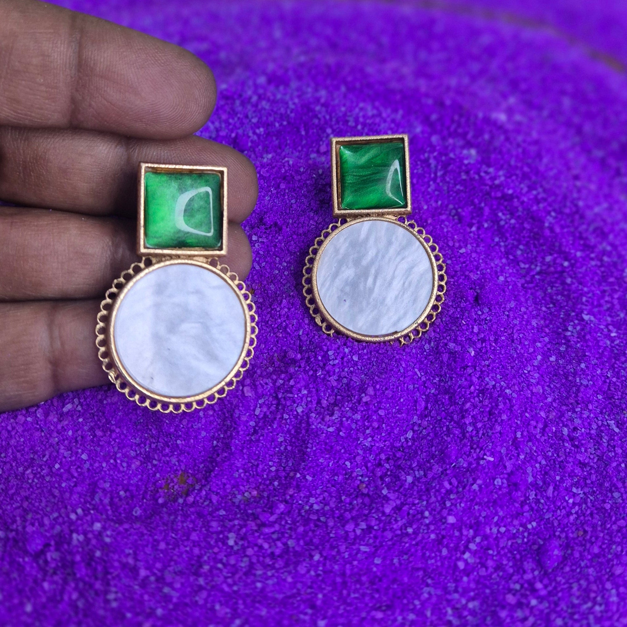 Gold-Plated Red/Turquoise blue/Green & Mother of Pearl Statement Earrings