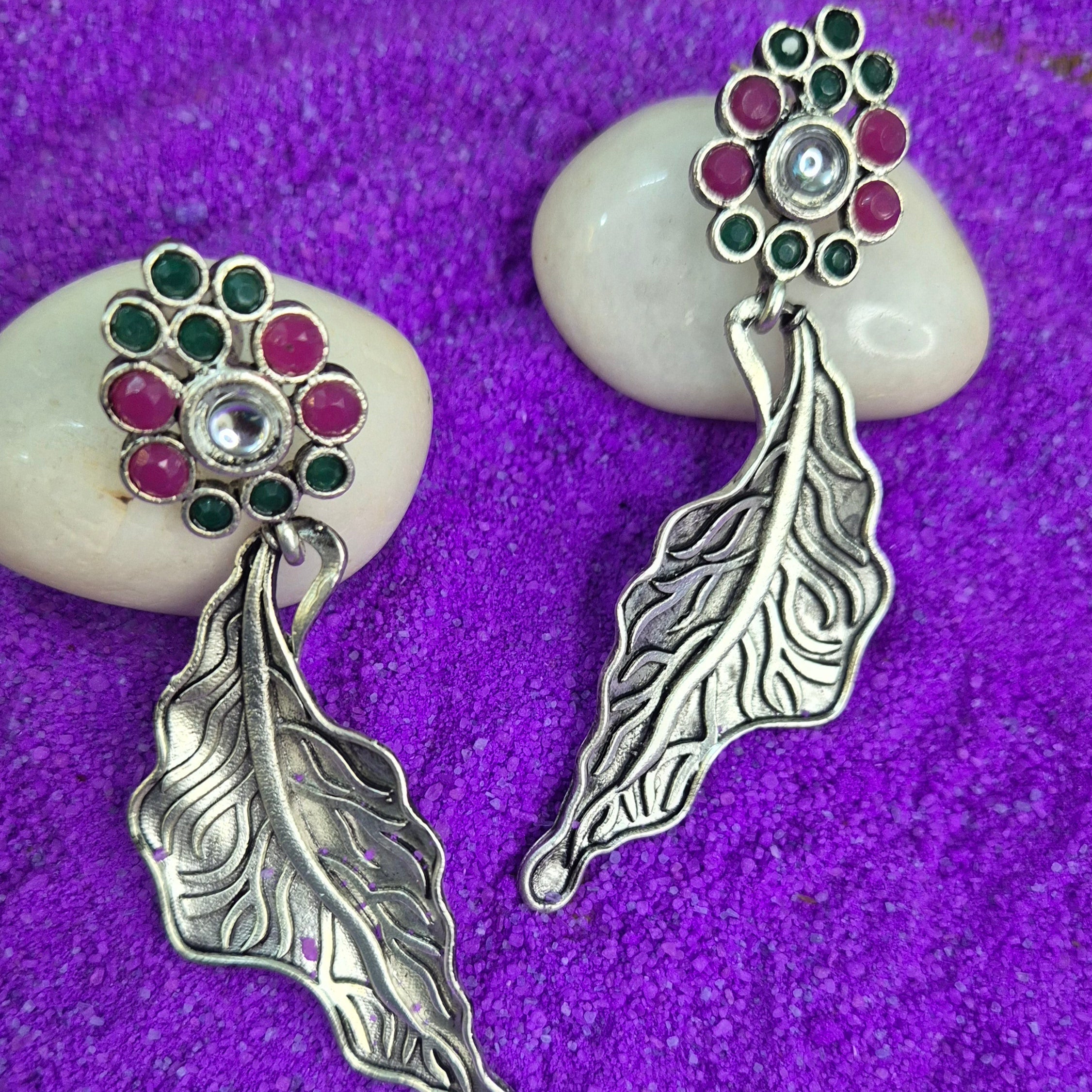 Oxidised Leaf Drop Earrings with Ruby & Green Floral Studs