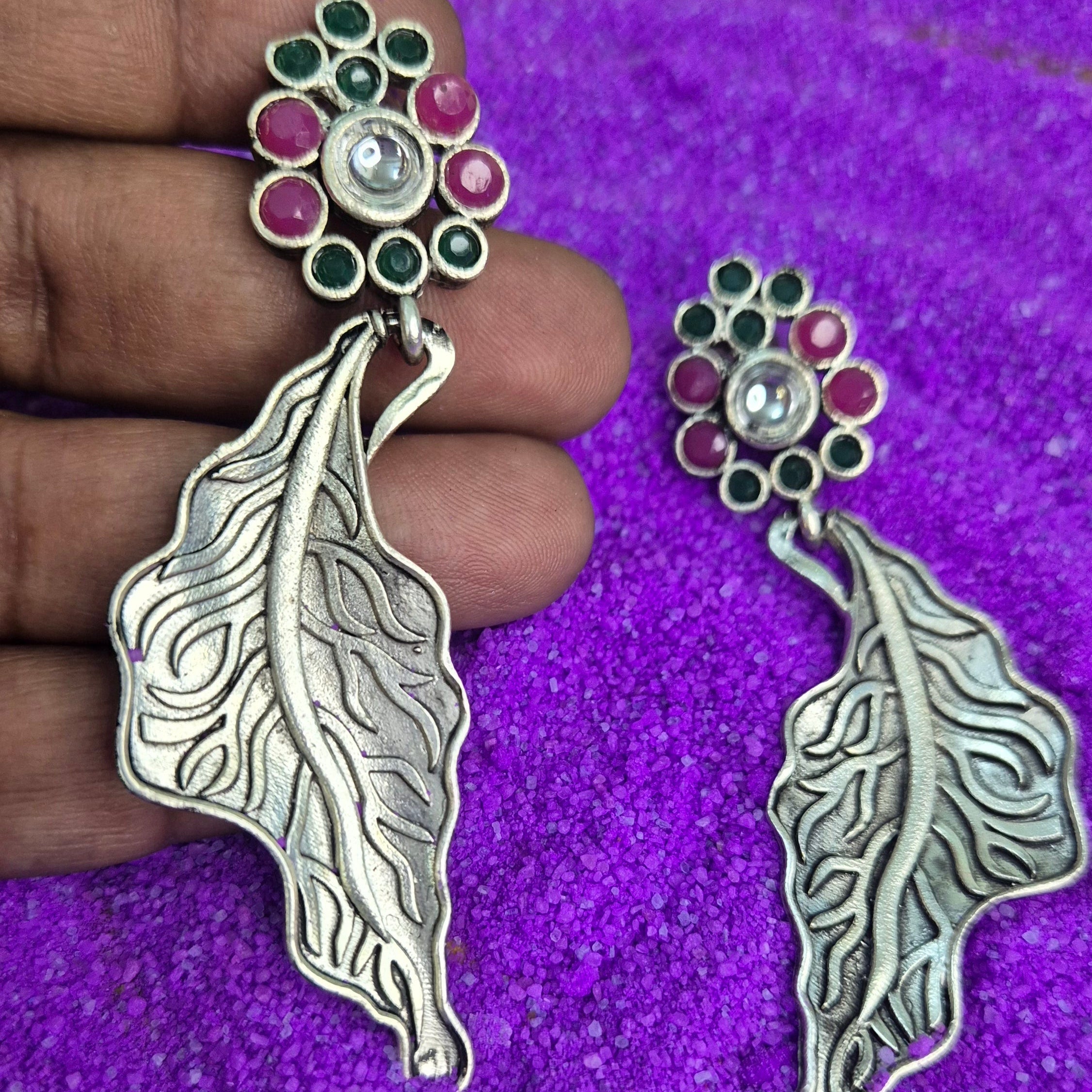 Oxidised Leaf Drop Earrings with Ruby & Green Floral Studs