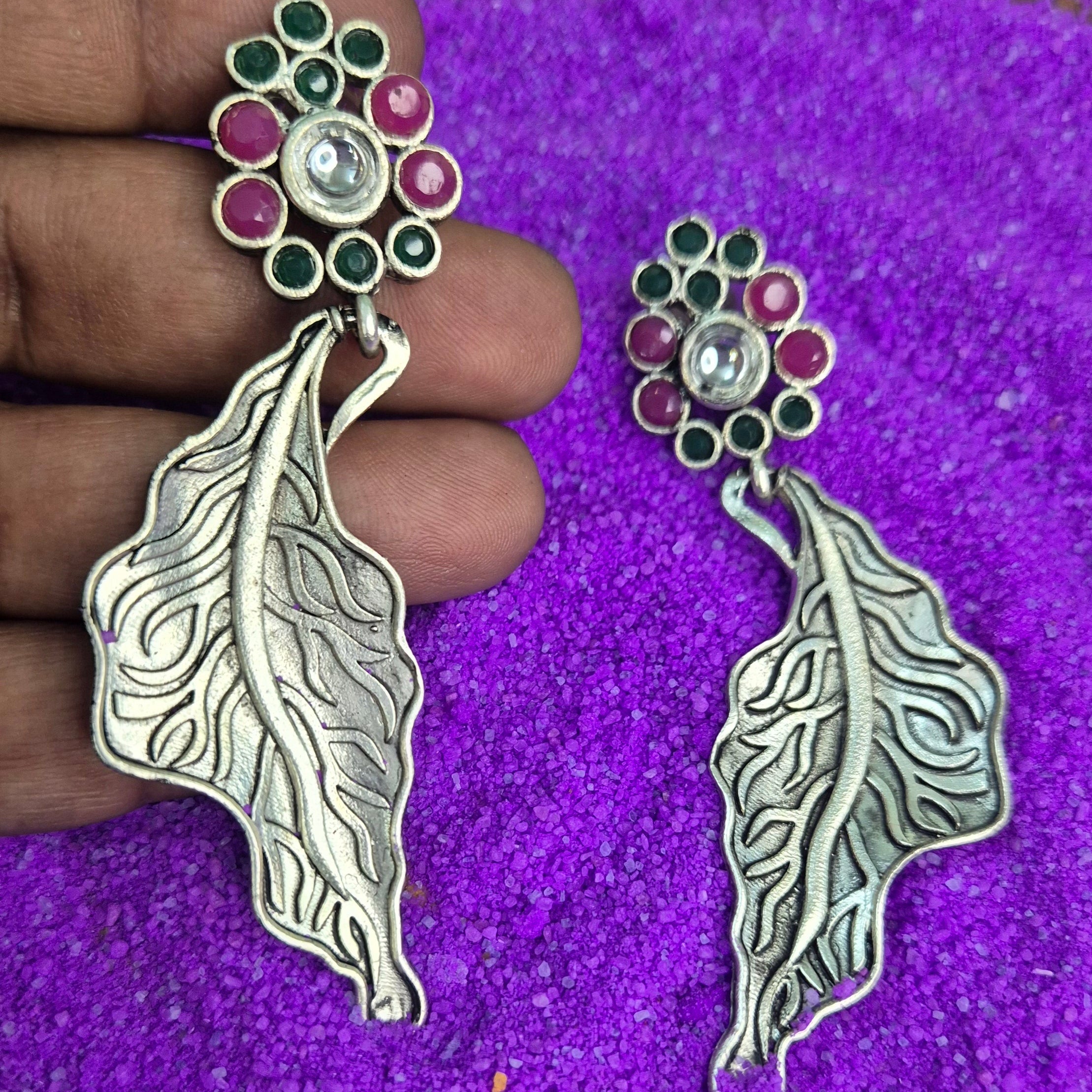 Oxidised Leaf Drop Earrings with Ruby & Green Floral Studs