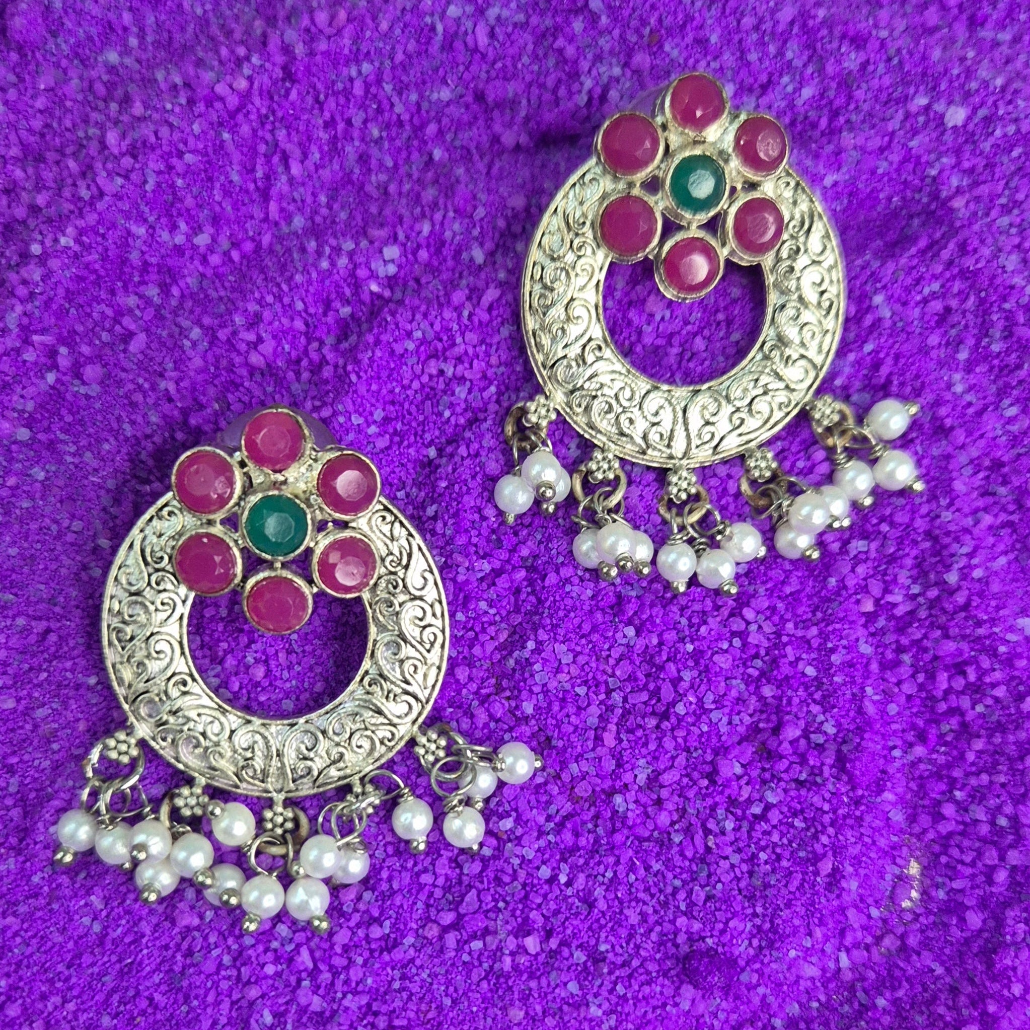 Oxidised Floral Round Earrings with Pearl Drop