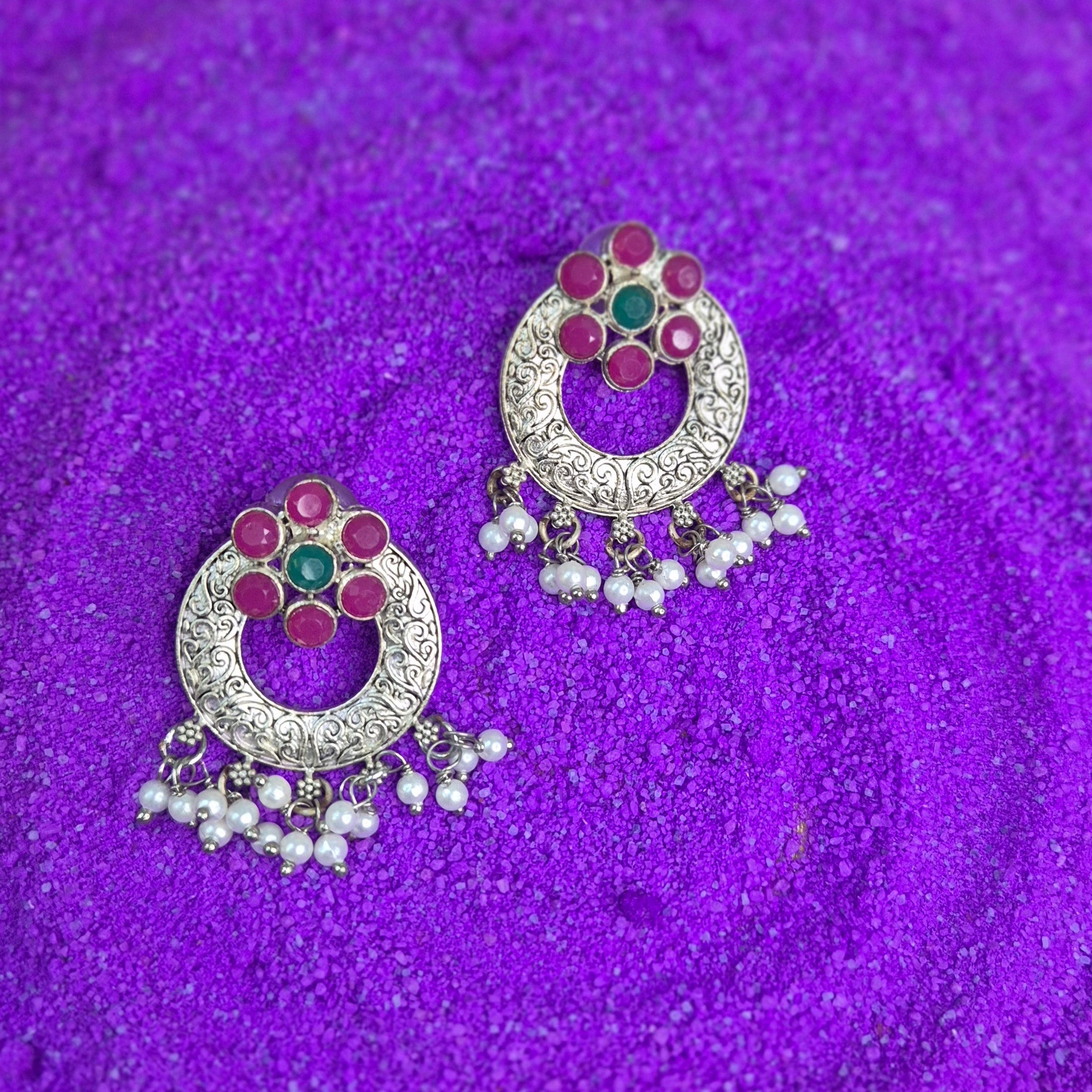 Oxidised Floral Round Earrings with Pearl Drop