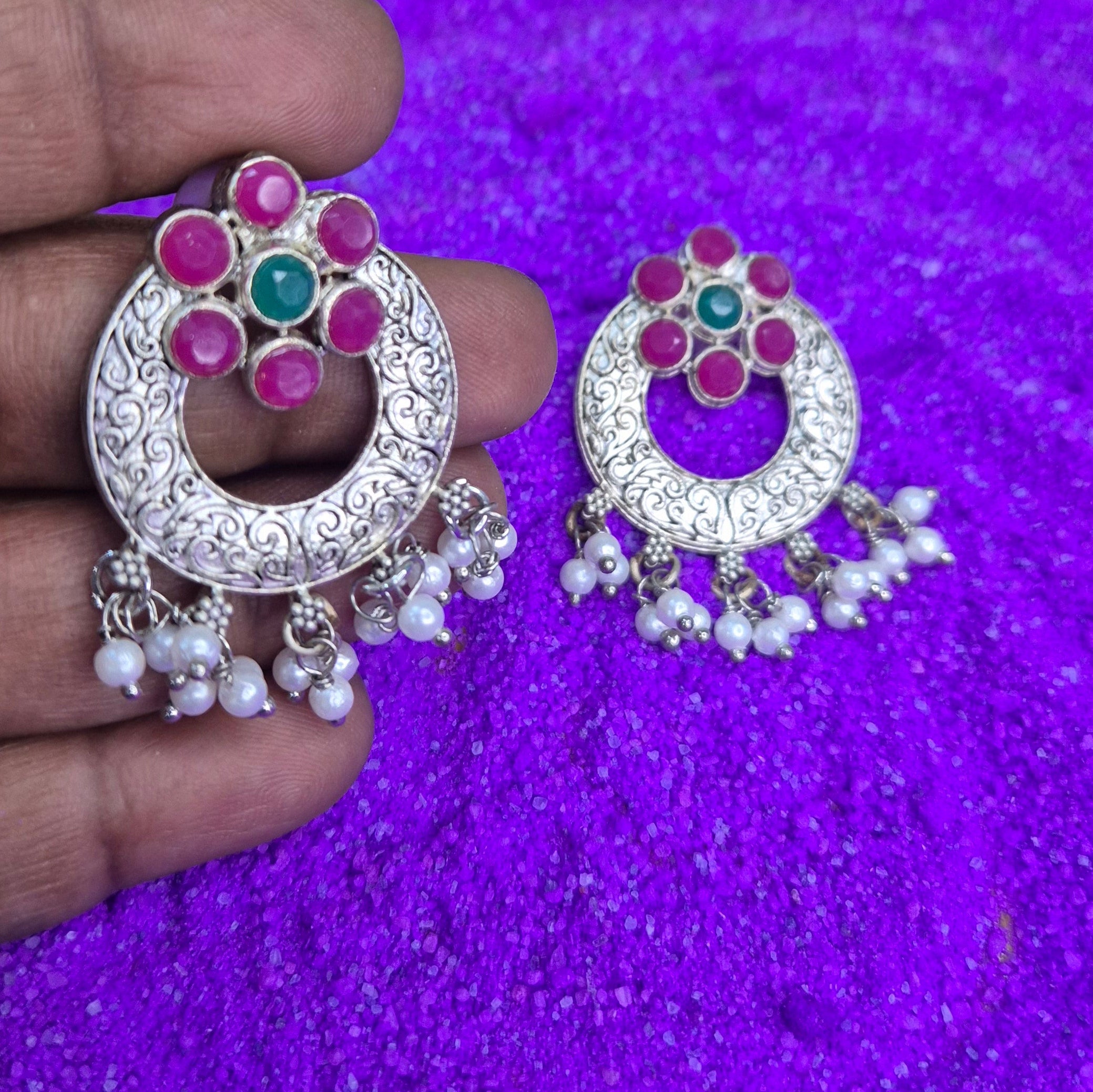 Oxidised Floral Round Earrings with Pearl Drop