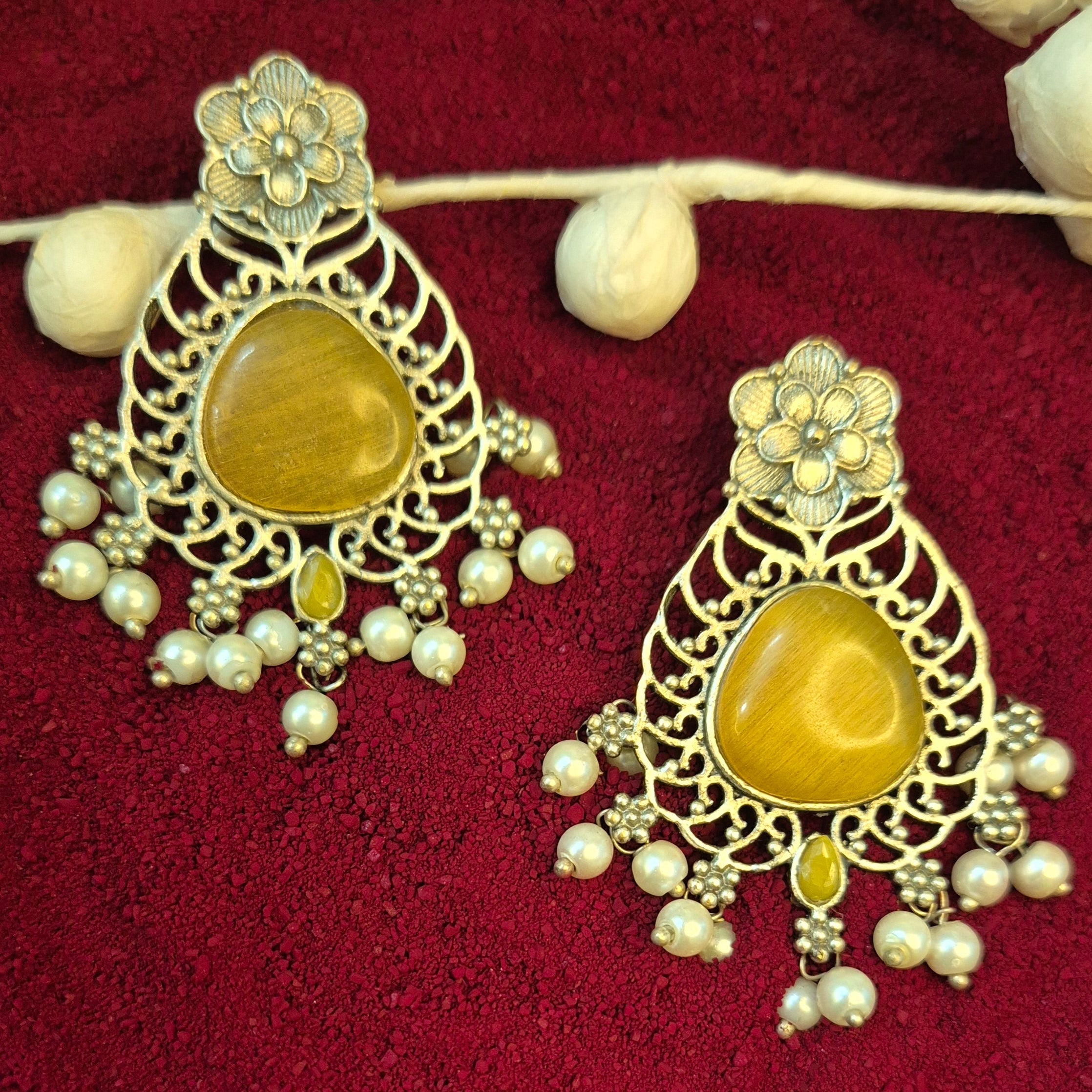 Oxidised Silver- Mint Green/Yellow Stone Chandbali Earrings