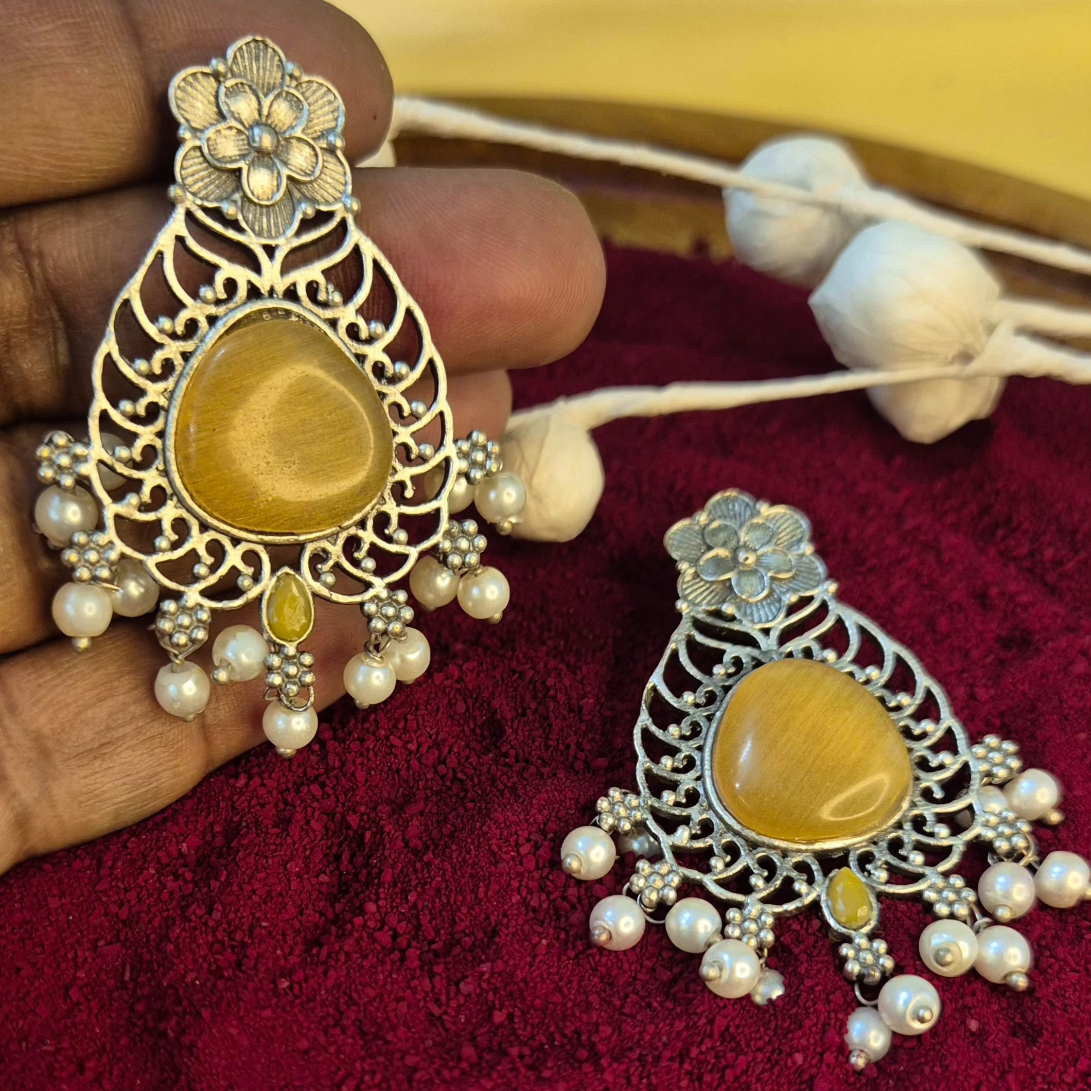 Oxidised Silver- Mint Green/Yellow Stone Chandbali Earrings