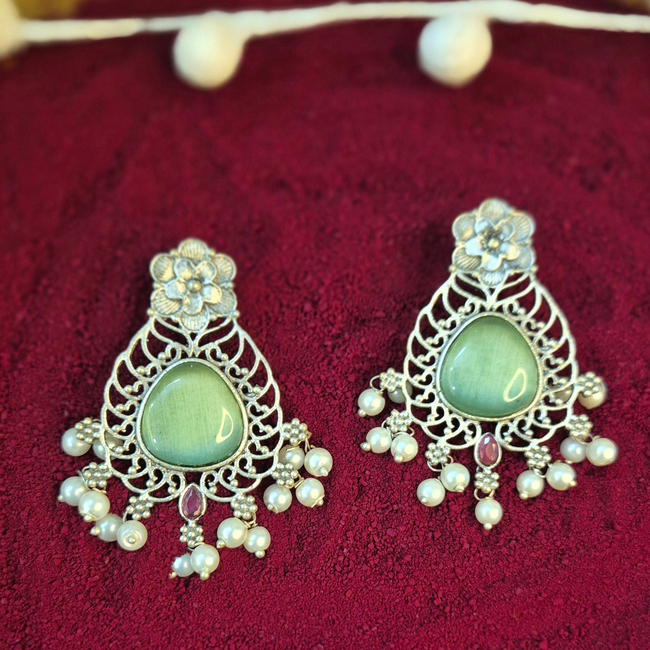Oxidised Silver- Mint Green/Yellow Stone Chandbali Earrings