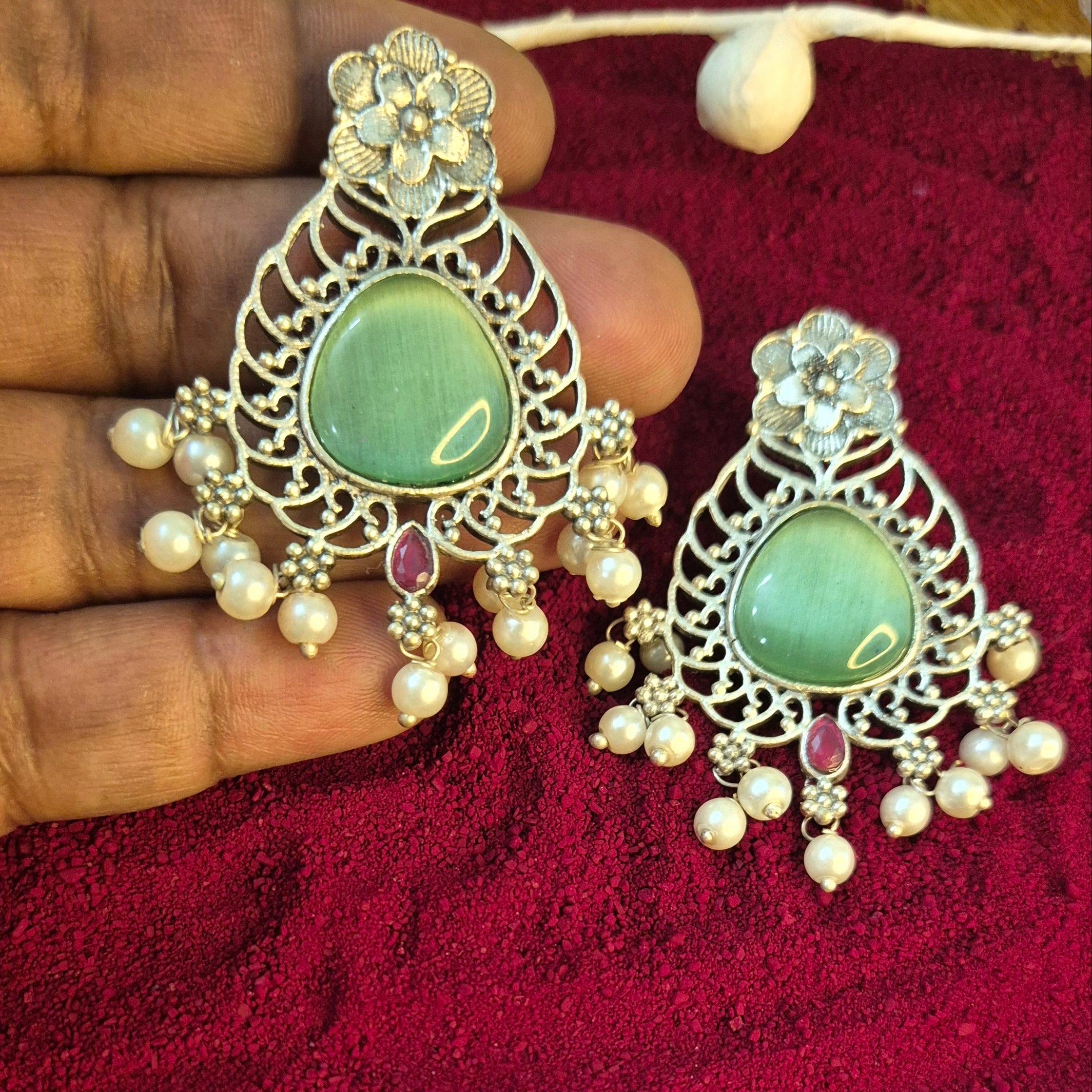 Oxidised Silver- Mint Green/Yellow Stone Chandbali Earrings