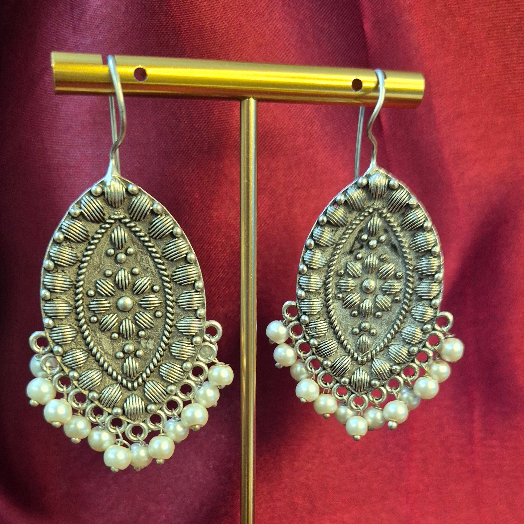 Oxidised Silver Oval Drop Earrings with Pearl Beads