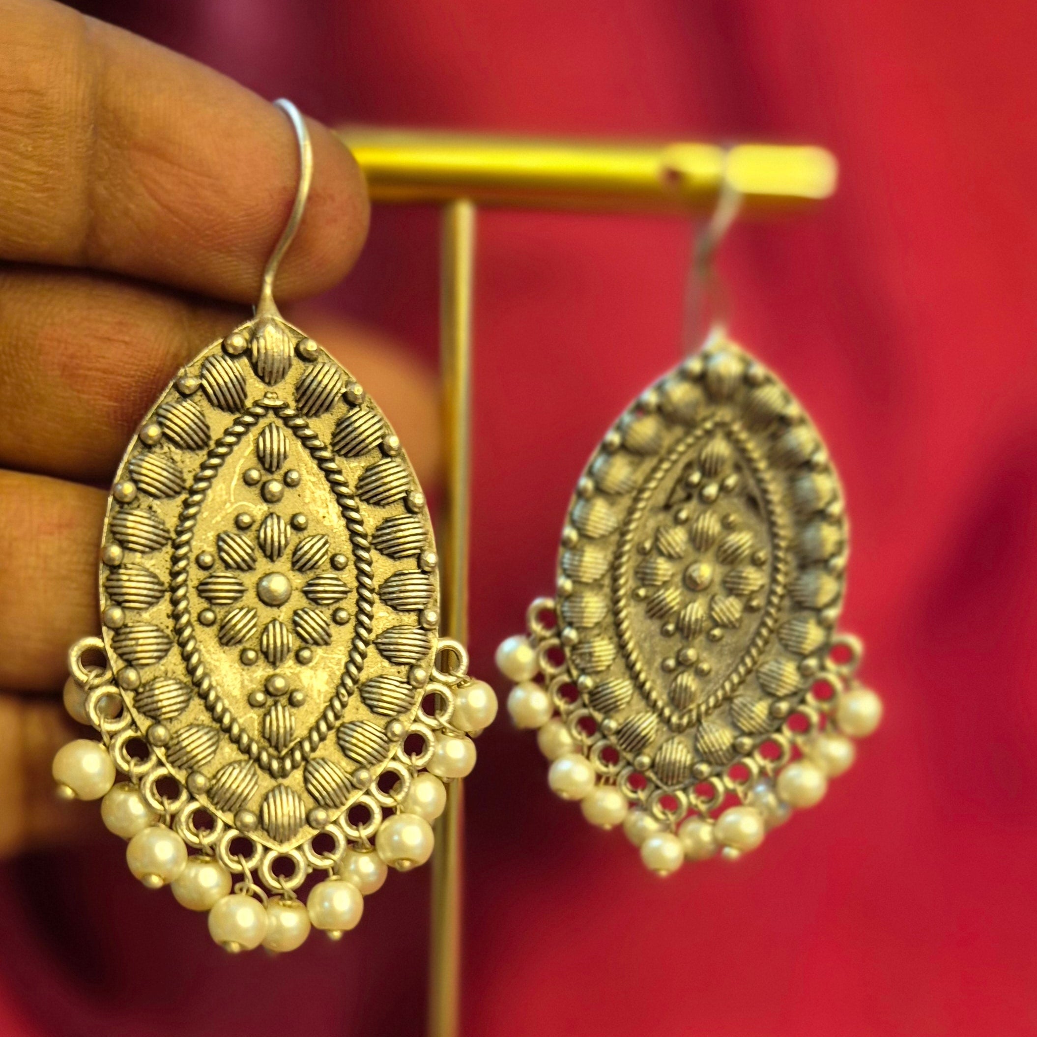 Oxidised Silver Oval Drop Earrings with Pearl Beads