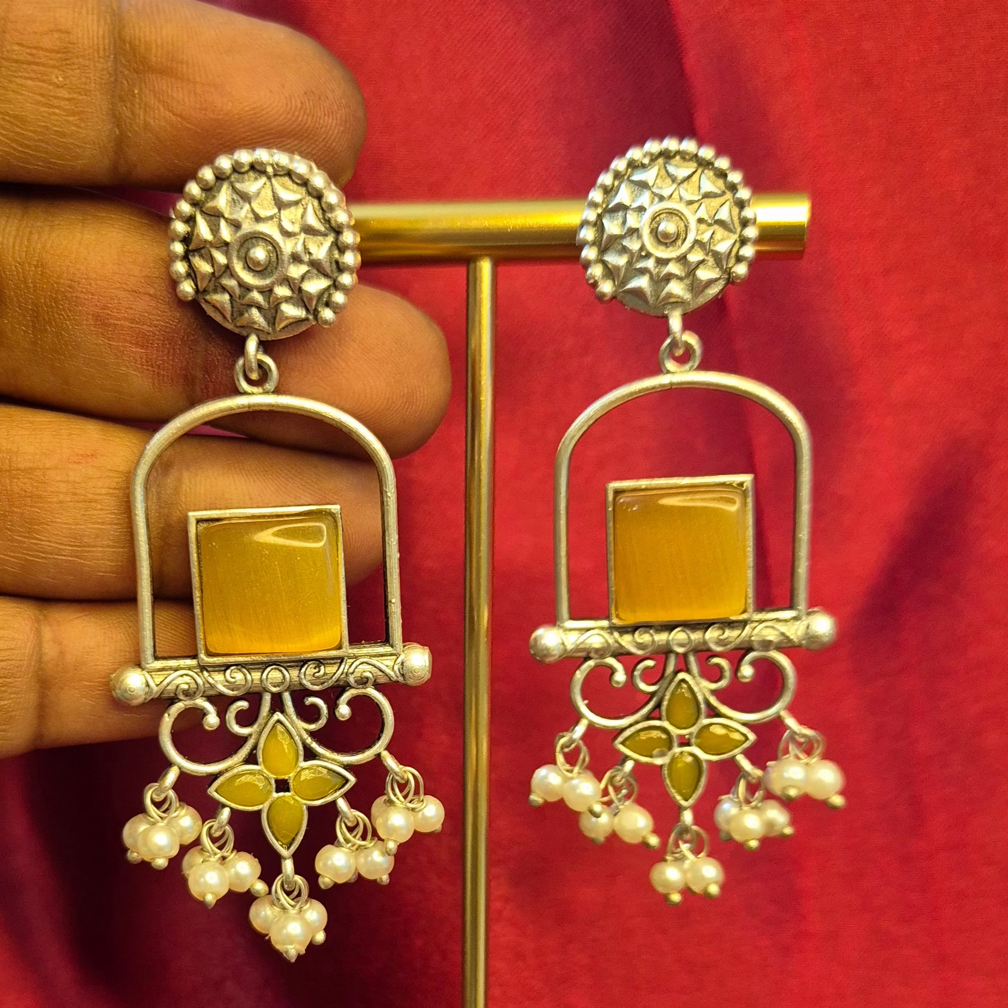 Oxidised Silver Red Stone Hanging Earrings with Pearl Drops