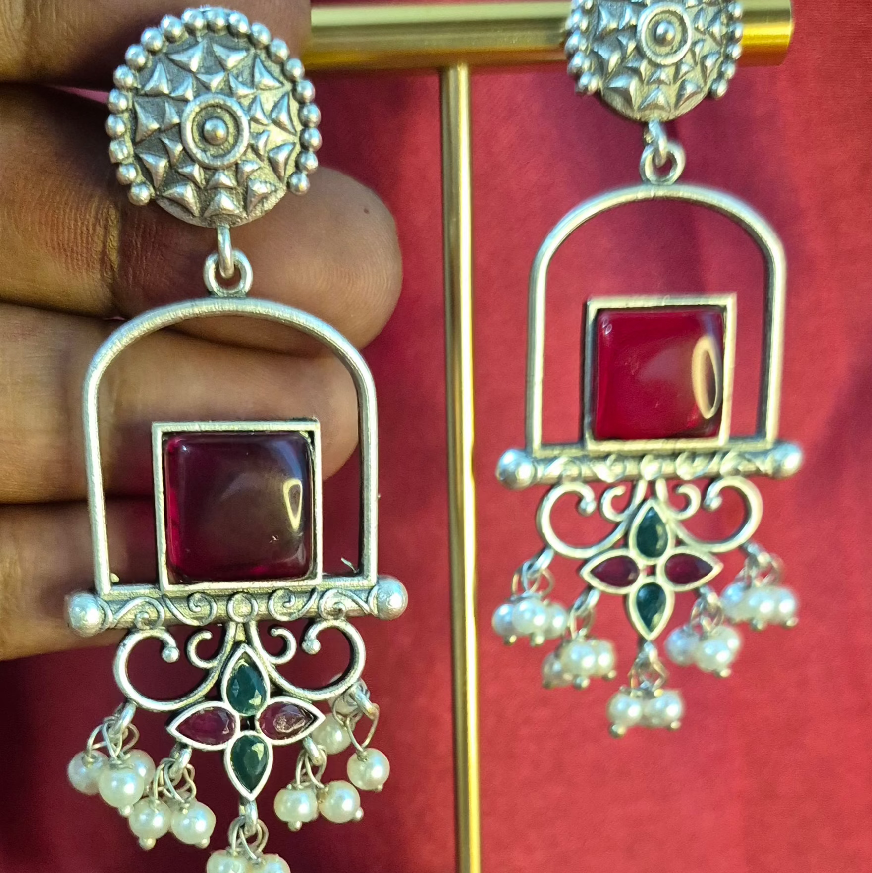 Oxidised Silver Red Stone Hanging Earrings with Pearl Drops