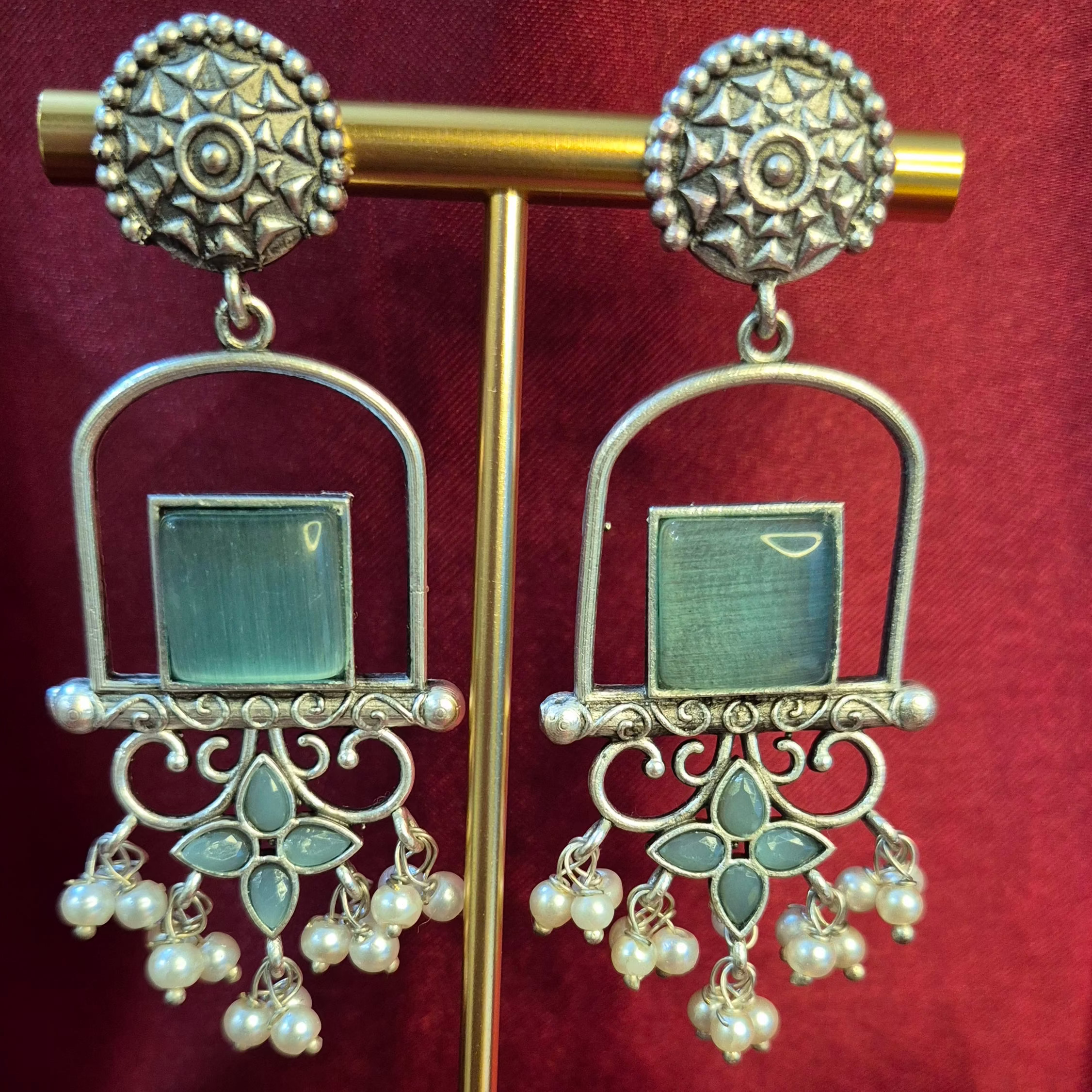Oxidised Silver Red Stone Hanging Earrings with Pearl Drops
