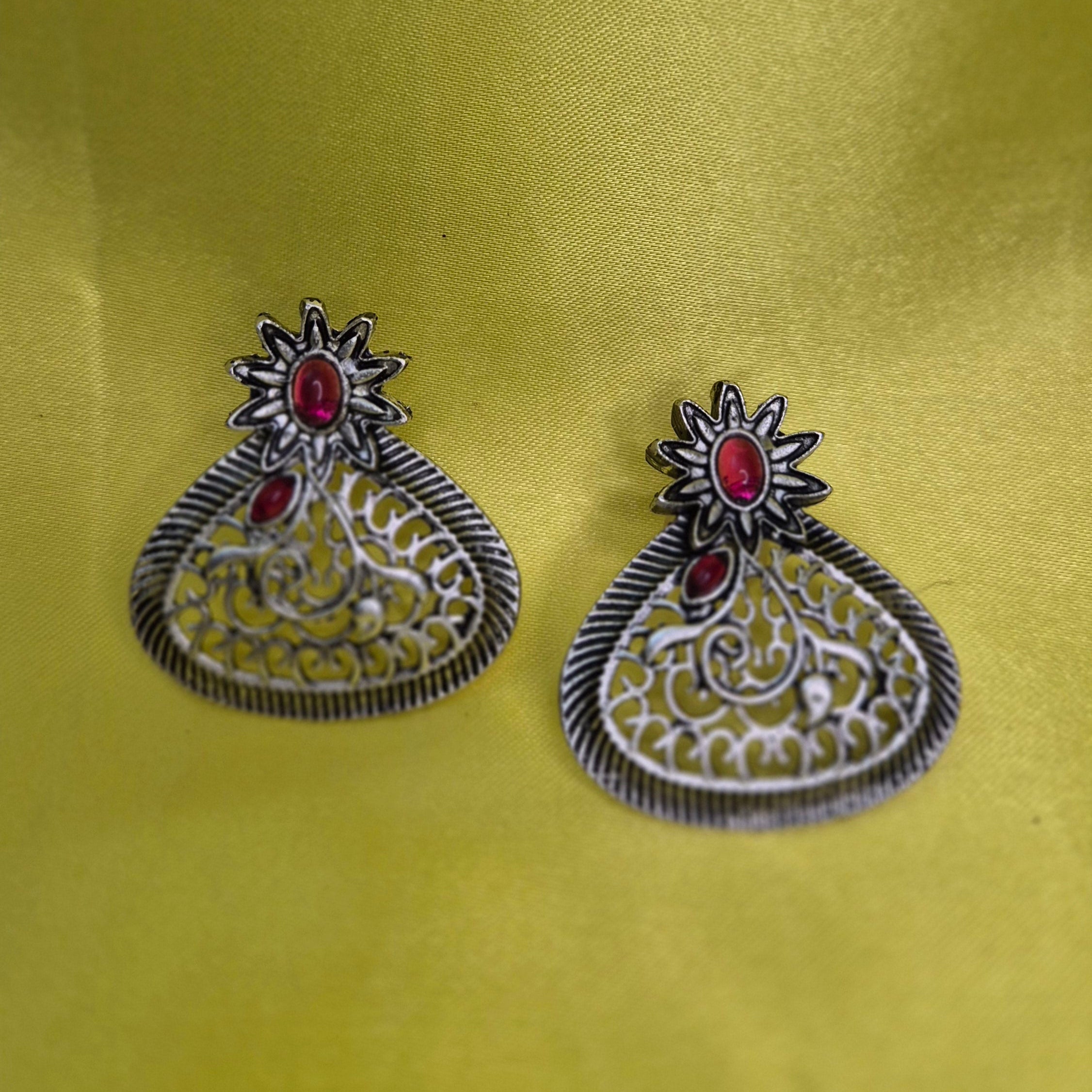 Oxidised Silver Filigree Fan Earrings with Pink Stones