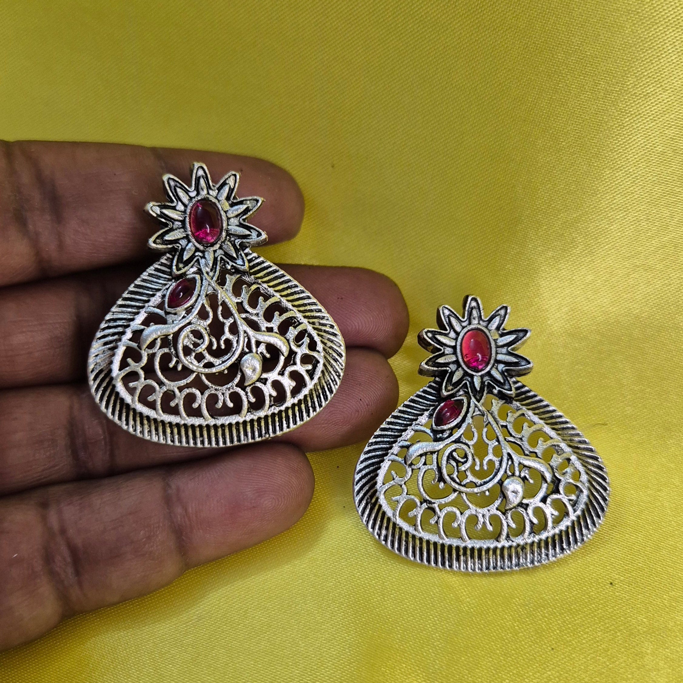 Oxidised Silver Filigree Fan Earrings with Pink Stones